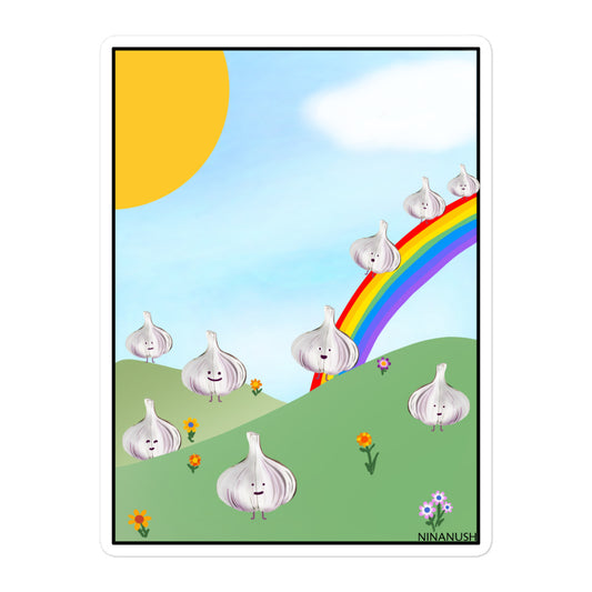 5.5 x 5.5 Garlic rainbow party sticker from Nina's Funky Shop by ninanush - The Garlic Rainbow Party Vinyl Sticker! Designed for garlic enthusiasts, this unique sticker has garlic sliding down a rainbow. It's an original hand drawn design by Nina and it's made just for you. This quirky garlic sticker is the perfect addition to your weird sticker collection or funny gift for a garlic lover.