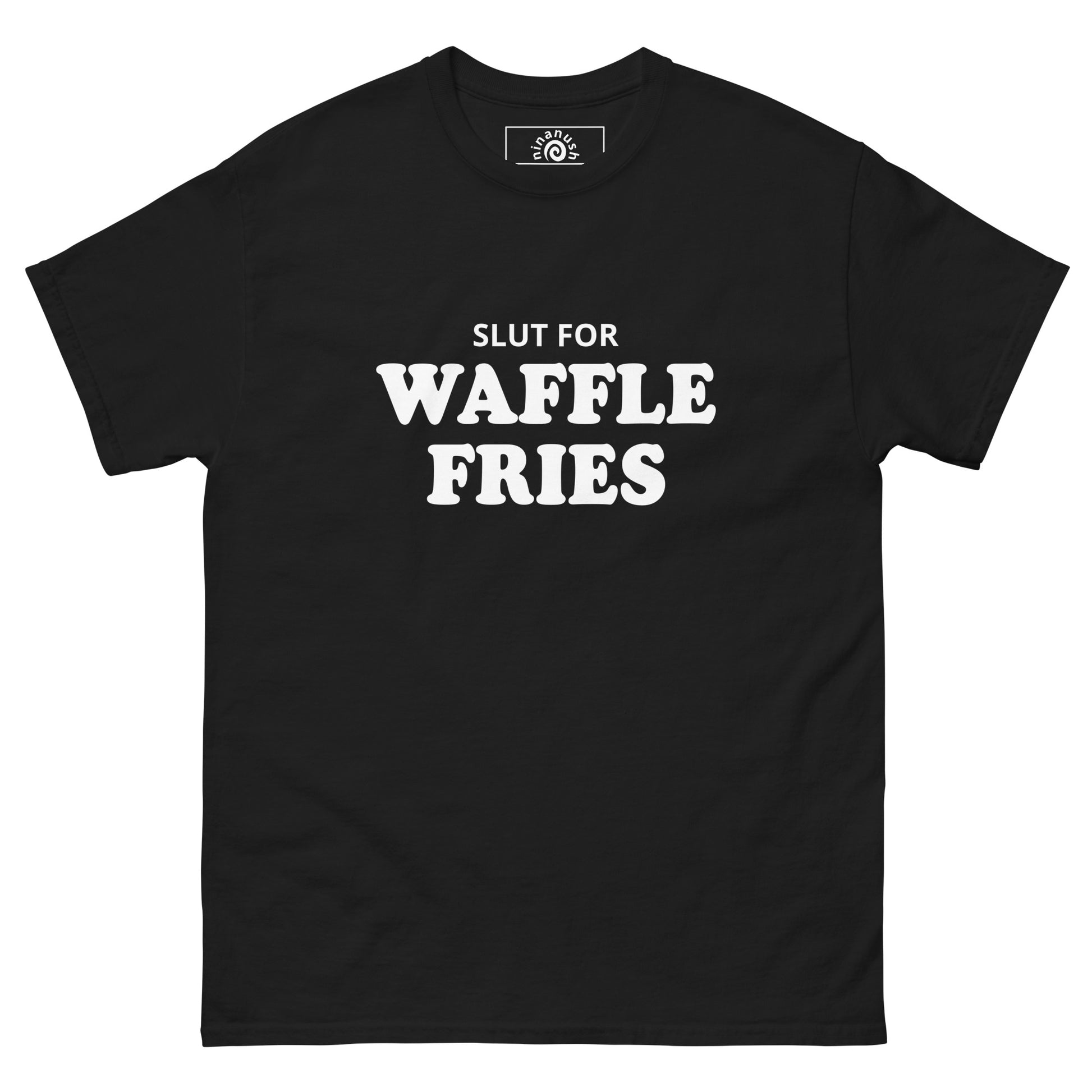 Black Slut for Waffle Fries T-shirt from Nina's Funky Shop by ninanush - Do you love waffle fries? Looking for a funny foodie gift? Our Waffle Fries T-shirt is soft, comfortable and just what you need. It's a structured unisex t-shirt with "Slut For Waffle Fries", expertly printed on the front. A funny foodie t-shirt for waffle fry enthusiasts and foodies of all kinds. Celebrate your favorite foods in our funky foodie apparel!