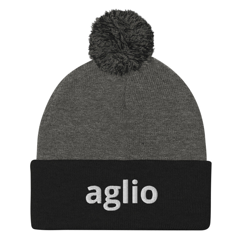 Heather gray and black aglio beanie from Nina's Funky Shop by ninanush - An Italian garlic beanie for aglio lovers. This aglio hat is a classic pom pom beanie with a funny Italian word embroidery. The perfect cozy hat for Italians, garlic enthusiasts and foodies of all kinds. Stand out and share your love of garlic in this Italian garlic hat or give it as a cute gift for an Italian foodie.