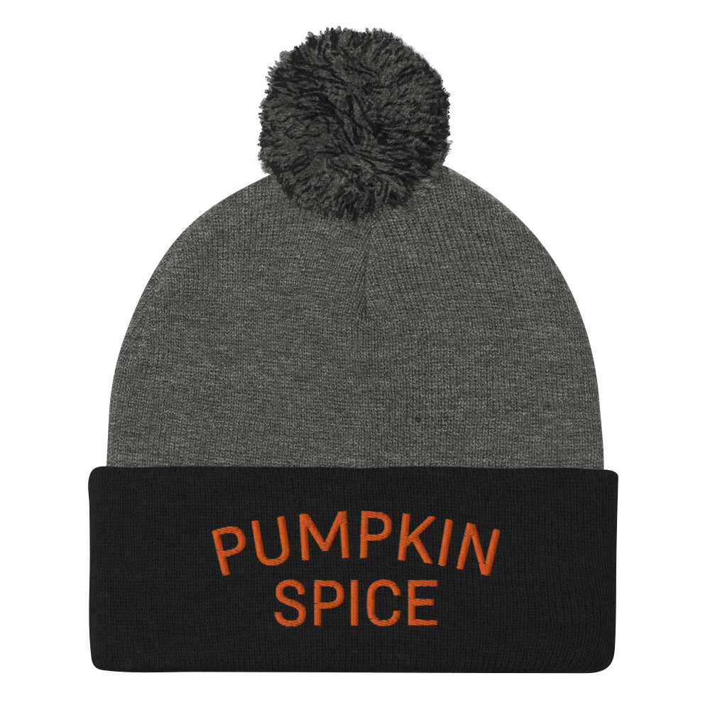 Dark heather gray and black pumpkin spice beanie from Nina's Funky Shop by ninanush - The pumpkin spice Beanie! It's a comfortable unisex beanie with a pom pom, embroidered with the words pumpkin spice. The perfect hat for pumpkin spice lovers and fall enthusiasts. Drink your favorite seasonal beverage and make a statement in this funny foodie beanie or give it as a gift for a pumpkin spice enthusiast.