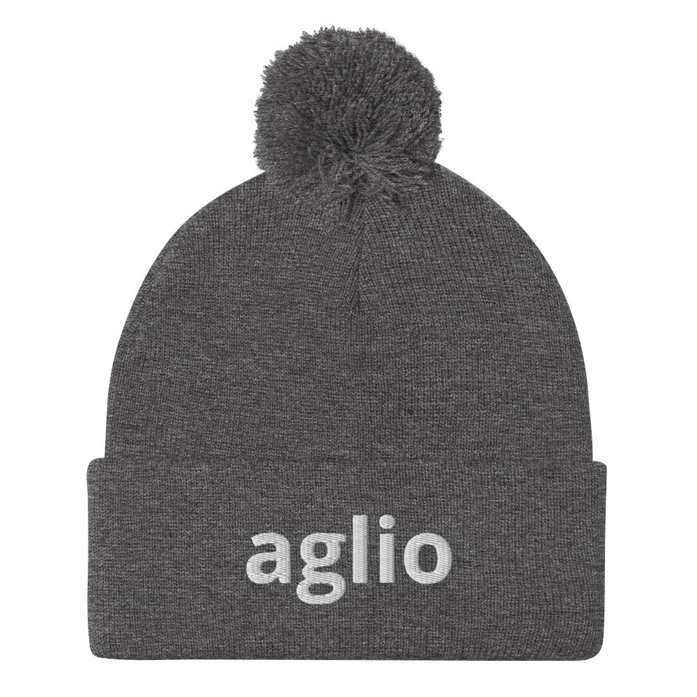 Heather gray aglio beanie from Nina's Funky Shop by ninanush - An Italian garlic beanie for aglio lovers. This aglio hat is a classic pom pom beanie with a funny Italian word embroidery. The perfect cozy hat for Italians, garlic enthusiasts and foodies of all kinds. Stand out and share your love of garlic in this Italian garlic hat or give it as a cute gift for an Italian foodie.