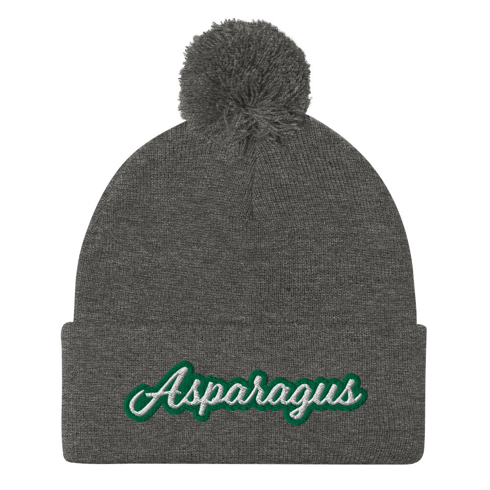 Gray Asparagus Beanie. A Sarcastic Hat for Vegetarians - Veggie enthusiast? Looking for a funny gift? This Asparagus Hat is just what you need! It's a warm and cozy beanie with a classic pom pom on top and "Asparagus", expertly embroidered on the front. Designed by Nina and made just for you! Looking for something personalized? A different embroidery color? Shoot us an email or check out our customizable apparel!