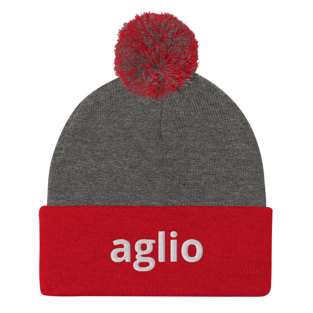 Heather gray and red aglio beanie from Nina's Funky Shop by ninanush - An Italian garlic beanie for aglio lovers. This aglio hat is a classic pom pom beanie with a funny Italian word embroidery. The perfect cozy hat for Italians, garlic enthusiasts and foodies of all kinds. Stand out and share your love of garlic in this Italian garlic hat or give it as a cute gift for an Italian foodie.