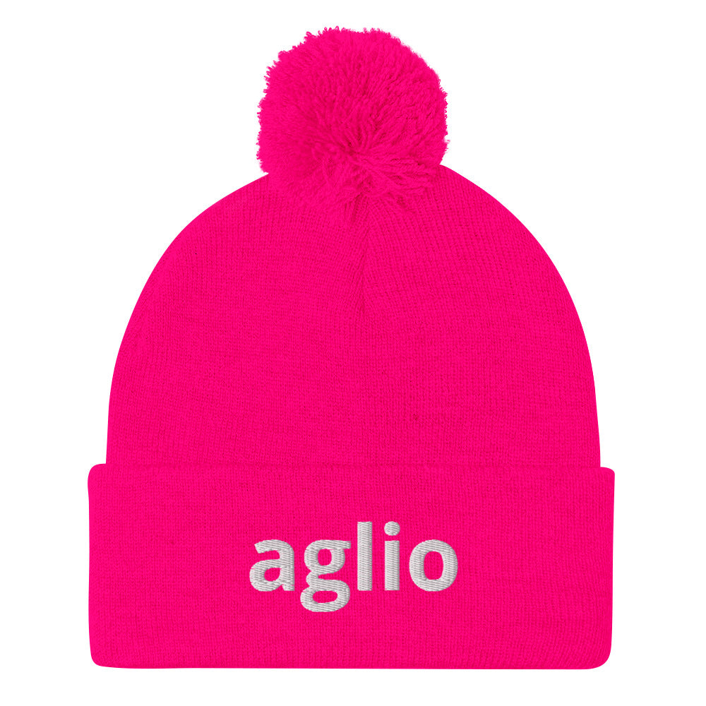 Neon pink aglio beanie from Nina's Funky Shop by ninanush - An Italian garlic beanie for aglio lovers. This aglio hat is a classic pom pom beanie with a funny Italian word embroidery. The perfect cozy hat for Italians, garlic enthusiasts and foodies of all kinds. Stand out and share your love of garlic in this Italian garlic hat or give it as a cute gift for an Italian foodie.