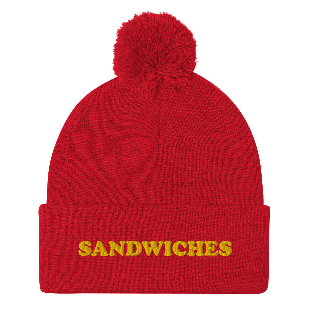 Red Foodie Hat - Love sandwiches? This sandwich hat is just for you! It's a warm and cozy beanie with a classic pom pom on top and "sandwich", expertly embroidered on the front. Designed by Nina and made just for you! Looking for something personalized? A different embroidery color? Shoot us an email or check out our customizable apparel! 