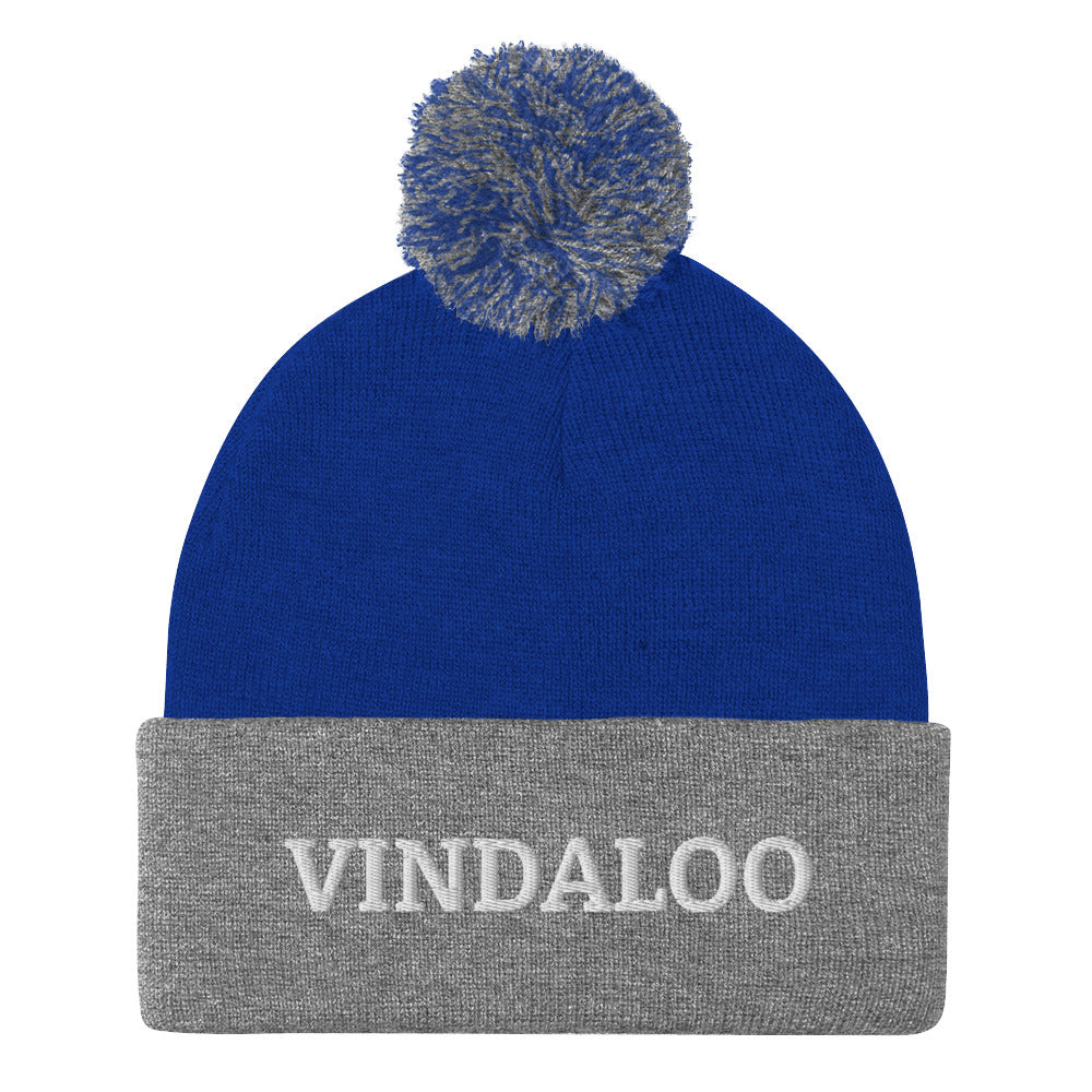 Royal blue and gray Vindaloo Beanie from Nina's Funky Shop by ninanush - Do you love vindaloo? Looking for a unique foodie hat? This warm and cozy, embroidered pom pom beanie is just what you need. Celebrate your favorite foods in style with this Indian food beanie. The perfect warm foodie hat for vindaloo lovers and foodies of all kinds. Celebrate your favorite foods with nianush.