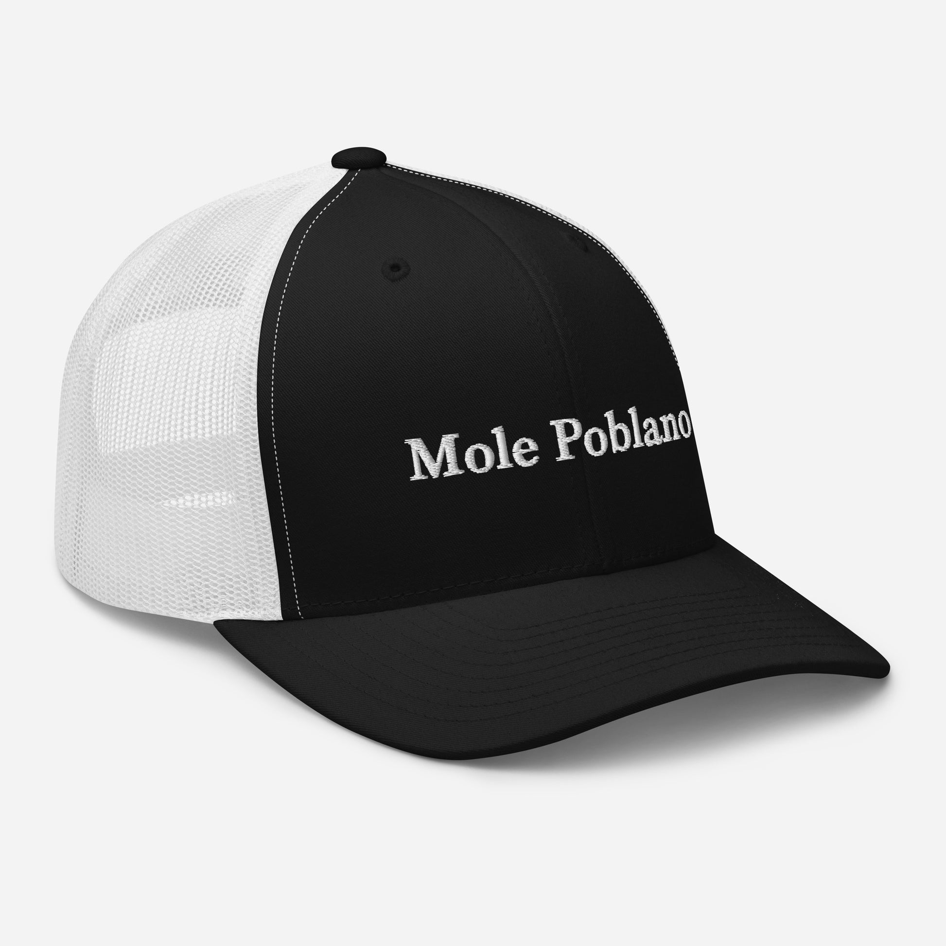 White and Black Mole Poblano Trucker Hat from Nina's Funky Shop by ninanush - Love mole poblano? Looking for a fun foodie gift? This mole poblano hat is comfortable, comes in a variety of colors with a convenient adjustable closure. This embroidered trucker hat celebrates the ancient traditional dish of Mexico, mole poblano. Stand out and eat your favorite foods in our unique foodie apparel.