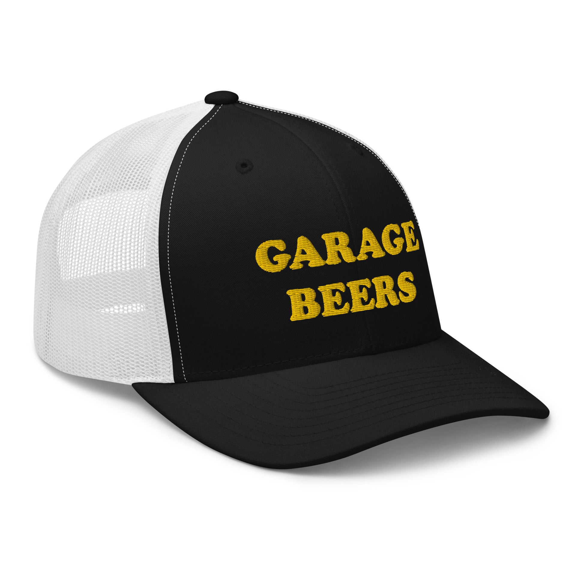 Black and White Garage Beers Trucker Hat from Nina's Funky Shop - Love Beer? Looking for a funny gift for a friend? This Garage Beers Trucker Hat is comfortable, has a convenient adjustable closure and comes in a variety of colors with "garage beers", expertly embroidered on the front. It's a funny trucker hat for everyday beer lovers.