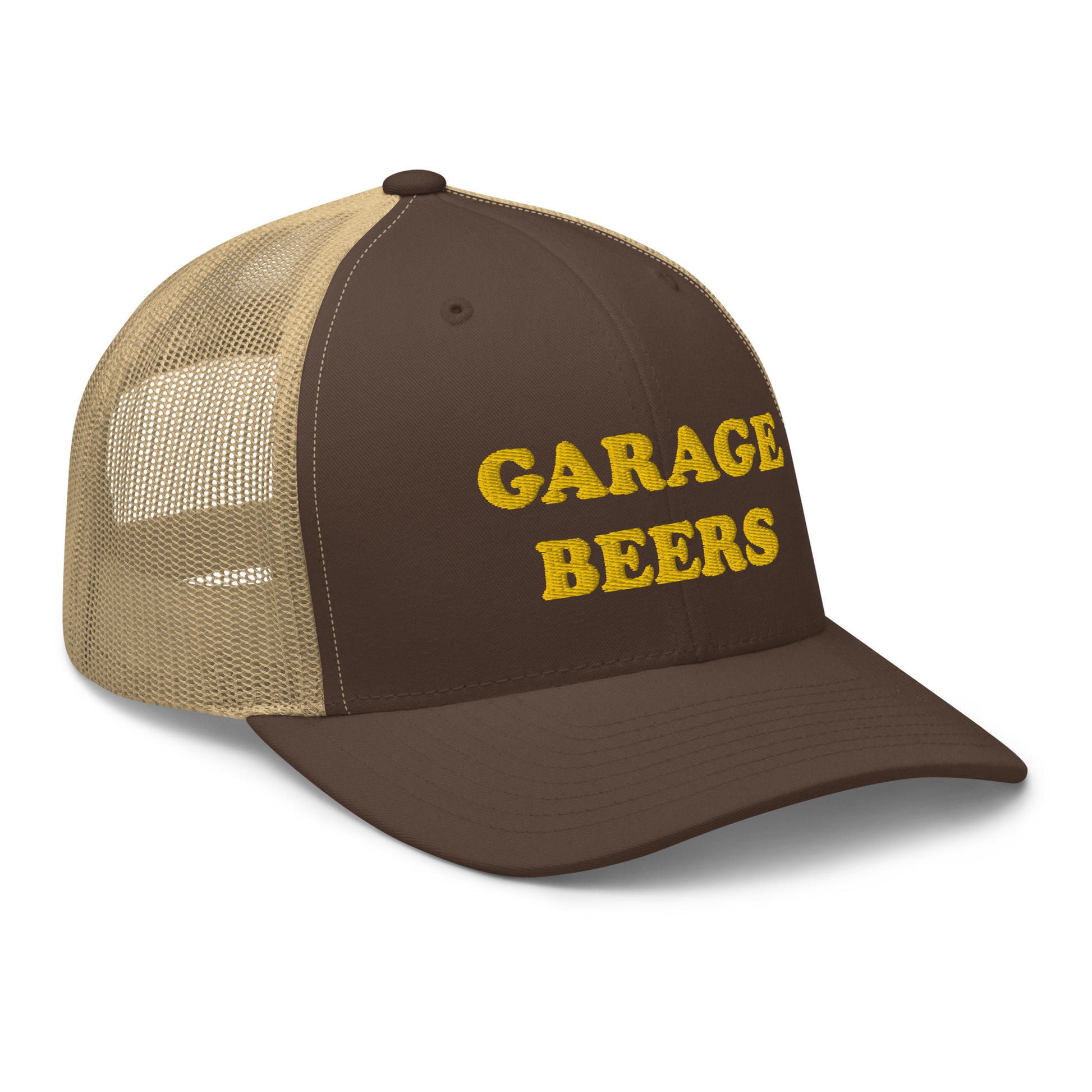 Brown Garage Beers Trucker Hat from Nina's Funky Shop - Love Beer? Looking for a funny gift for a friend? This Garage Beers Trucker Hat is comfortable, has a convenient adjustable closure and comes in a variety of colors with "garage beers", expertly embroidered on the front. It's a funny trucker hat for everyday beer lovers.