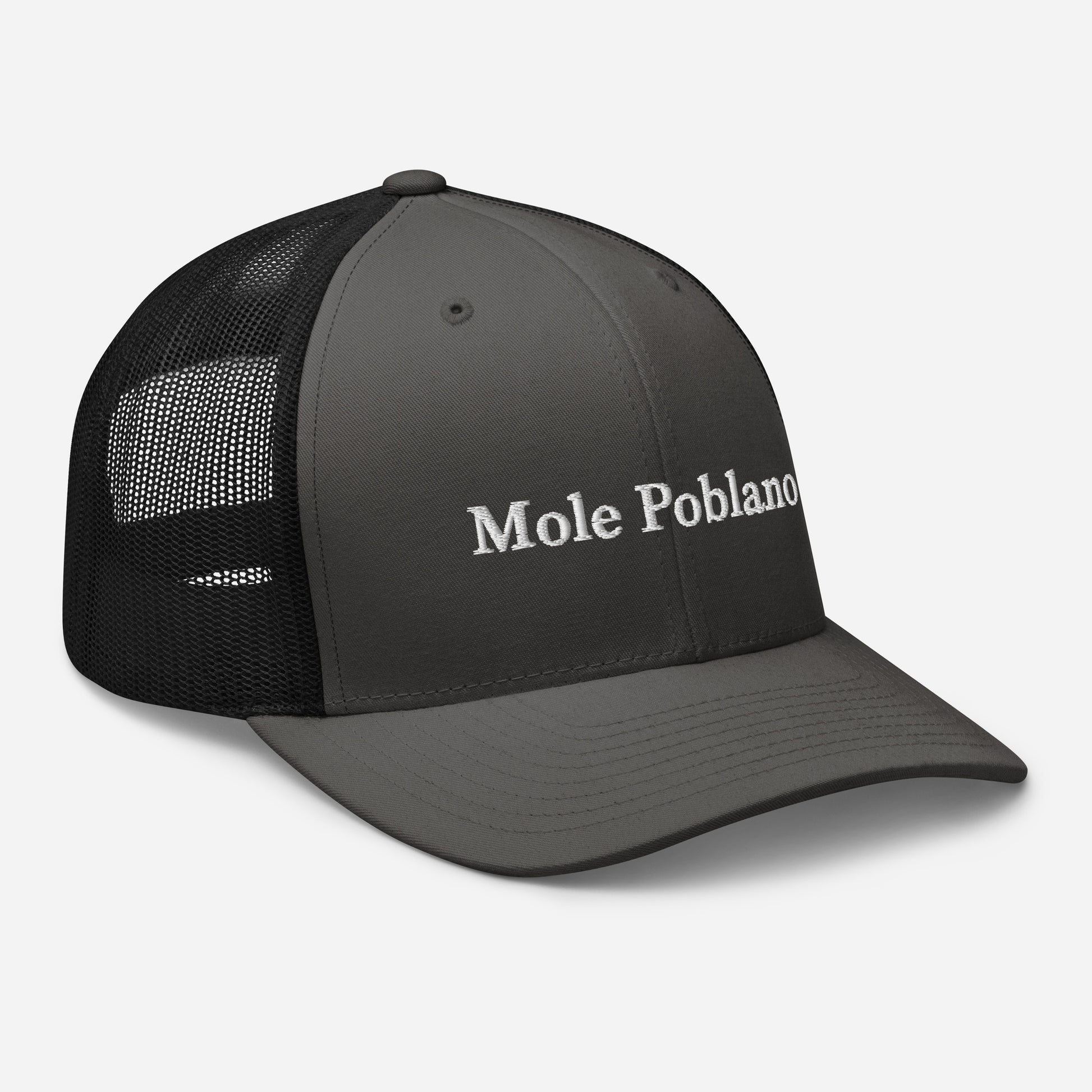 Gray and Black Mole Poblano Trucker Hat from Nina's Funky Shop by ninanush - Love mole poblano? Looking for a fun foodie gift? This mole poblano hat is comfortable, comes in a variety of colors with a convenient adjustable closure. This embroidered trucker hat celebrates the ancient traditional dish of Mexico, mole poblano. Stand out and eat your favorite foods in our unique foodie apparel.