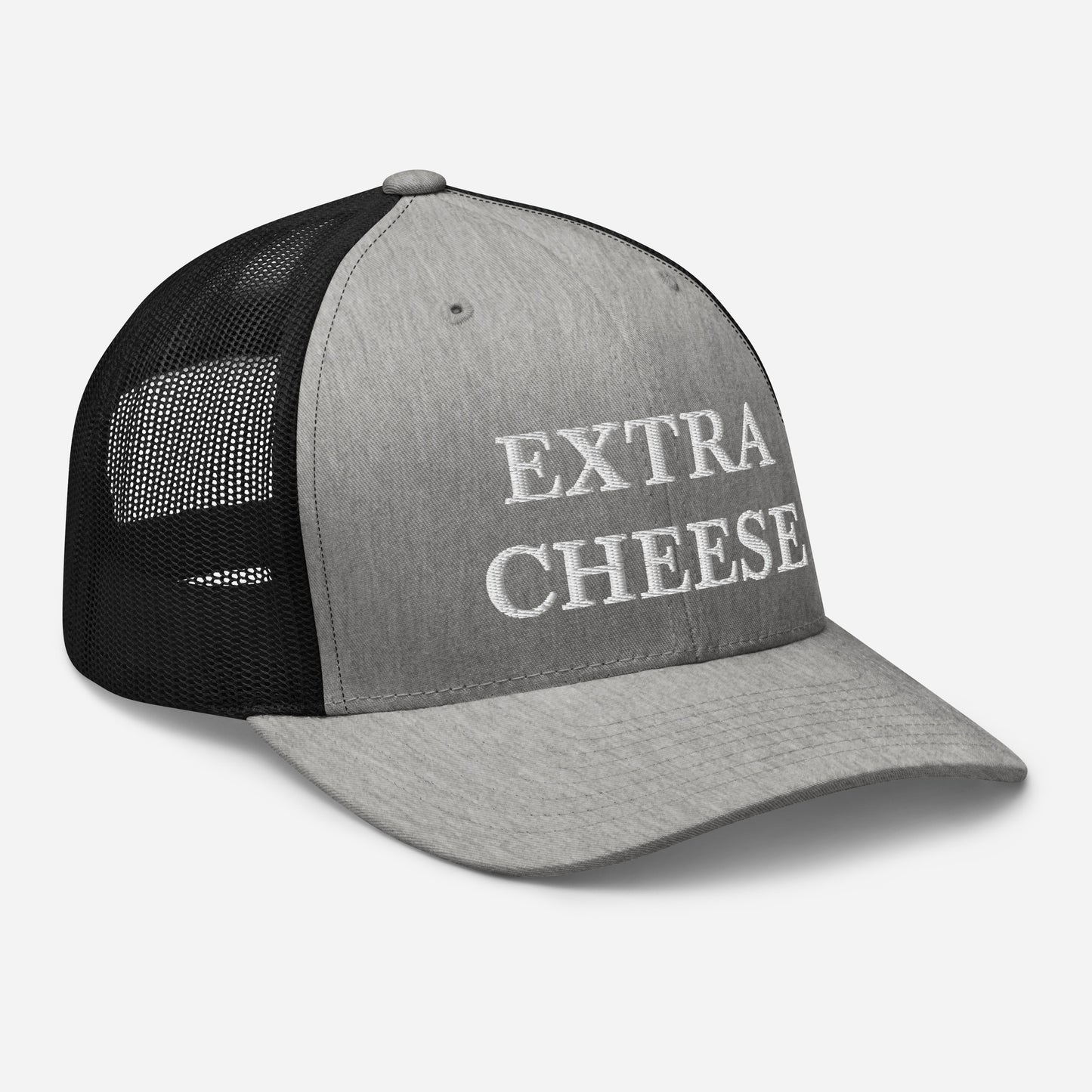 Gray and Black Extra Cheese Trucker Hat from Nina's Funky Shop by ninanush - Cheese enthusiast? Looking for a funny foodie gift? This Extra Cheese Hat is comfortable, comes in a variety of colors and has a convenient adjustable closure. This fun foodie hat is expertly embroidered and the perfect funny trucker hat for cheese lovers. Eat your favorite food in our foodie hats and foodie apparel.
