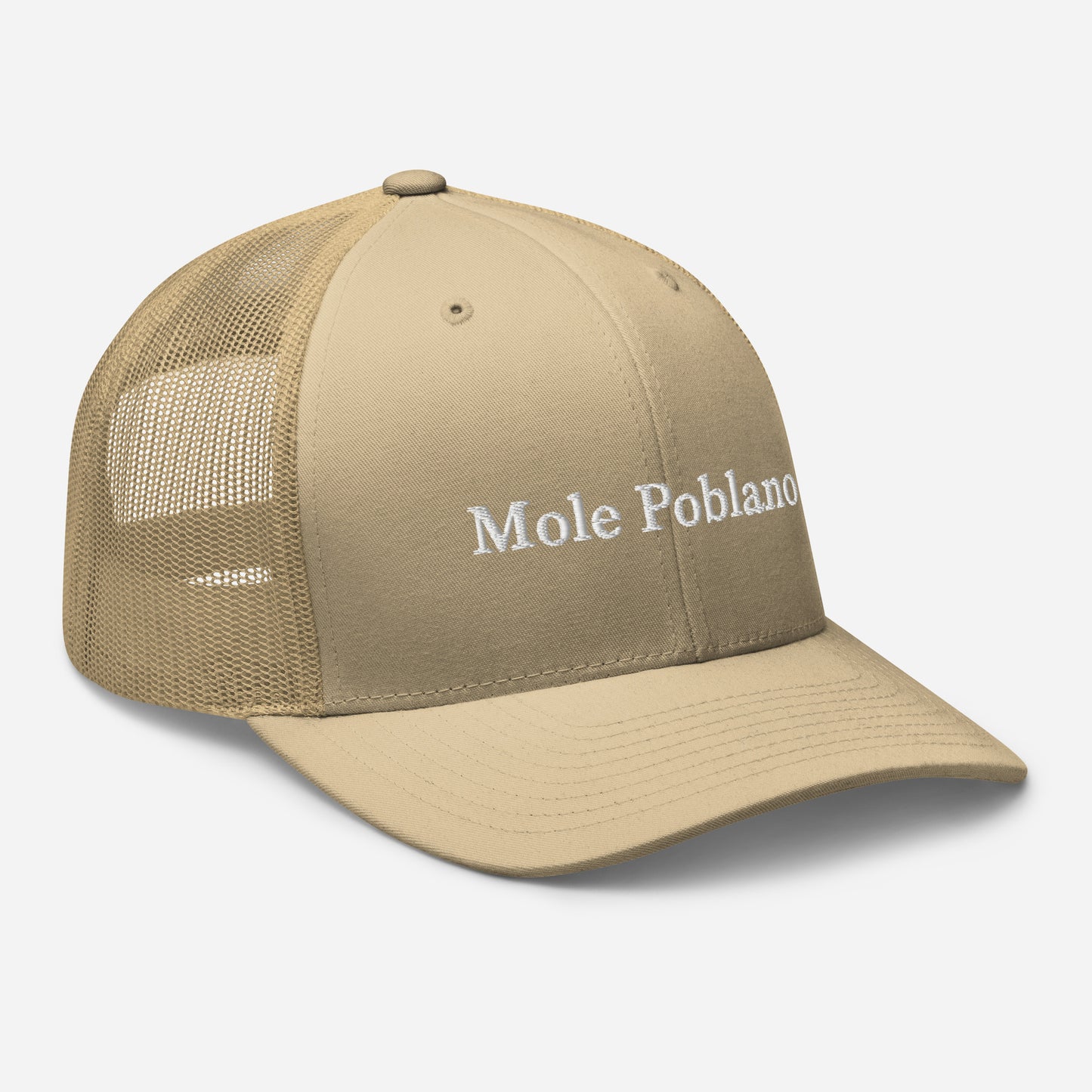 Khaki Mole Poblano Trucker Hat from Nina's Funky Shop by ninanush - Love mole poblano? Looking for a fun foodie gift? This mole poblano hat is comfortable, comes in a variety of colors with a convenient adjustable closure. This embroidered trucker hat celebrates the ancient traditional dish of Mexico, mole poblano. Stand out and eat your favorite foods in our unique foodie apparel.