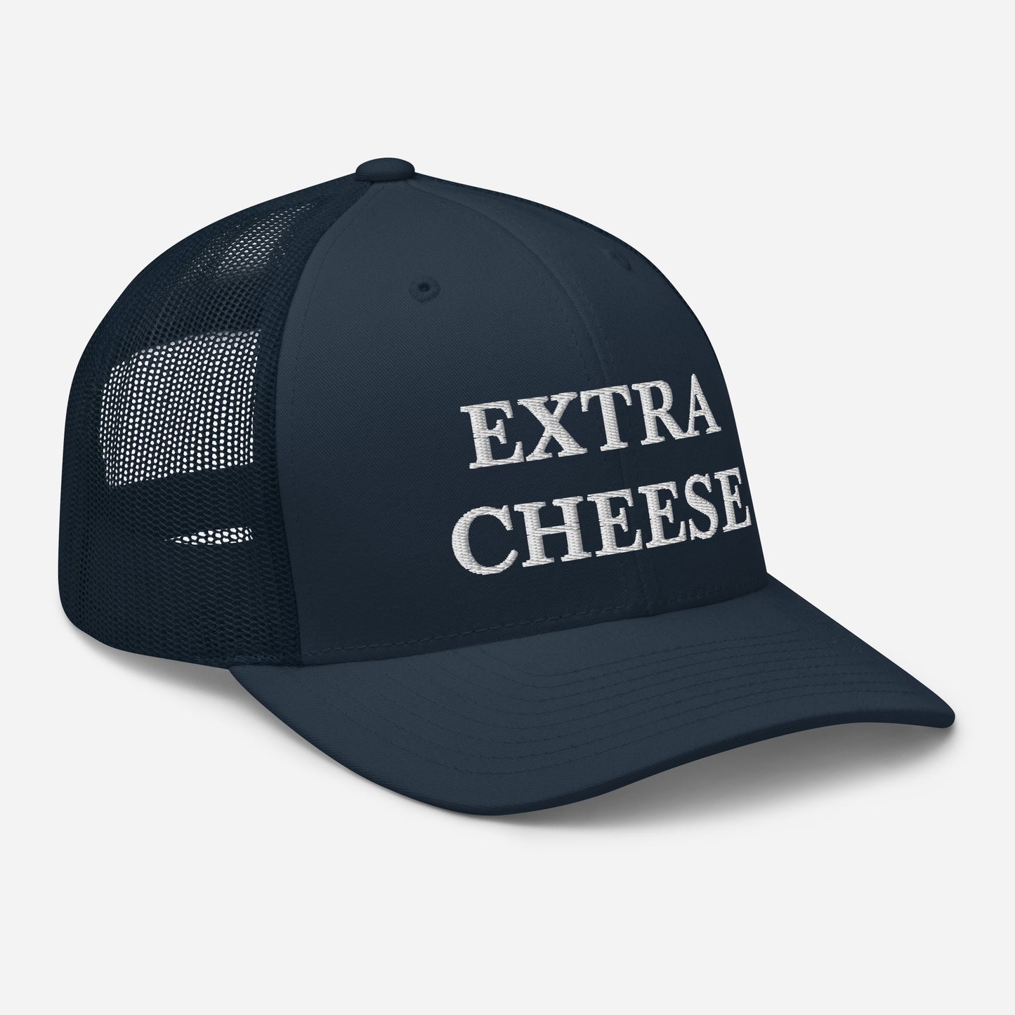 Navy Extra Cheese Trucker Hat from Nina's Funky Shop by ninanush - Cheese enthusiast? Looking for a funny foodie gift? This Extra Cheese Hat is comfortable, comes in a variety of colors and has a convenient adjustable closure. This fun foodie hat is expertly embroidered and the perfect funny trucker hat for cheese lovers. Eat your favorite food in our foodie hats and foodie apparel.