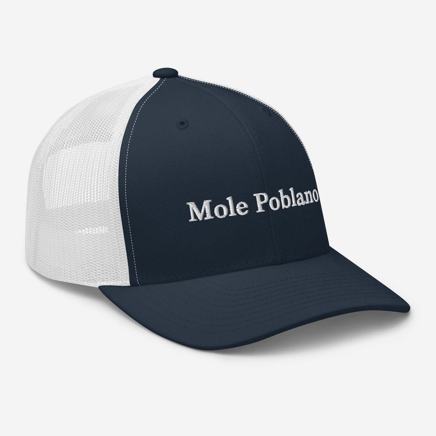 Navy and White Mole Poblano Trucker Hat from Nina's Funky Shop by ninanush - Love mole poblano? Looking for a fun foodie gift? This mole poblano hat is comfortable, comes in a variety of colors with a convenient adjustable closure. This embroidered trucker hat celebrates the ancient traditional dish of Mexico, mole poblano. Stand out and eat your favorite foods in our unique foodie apparel.