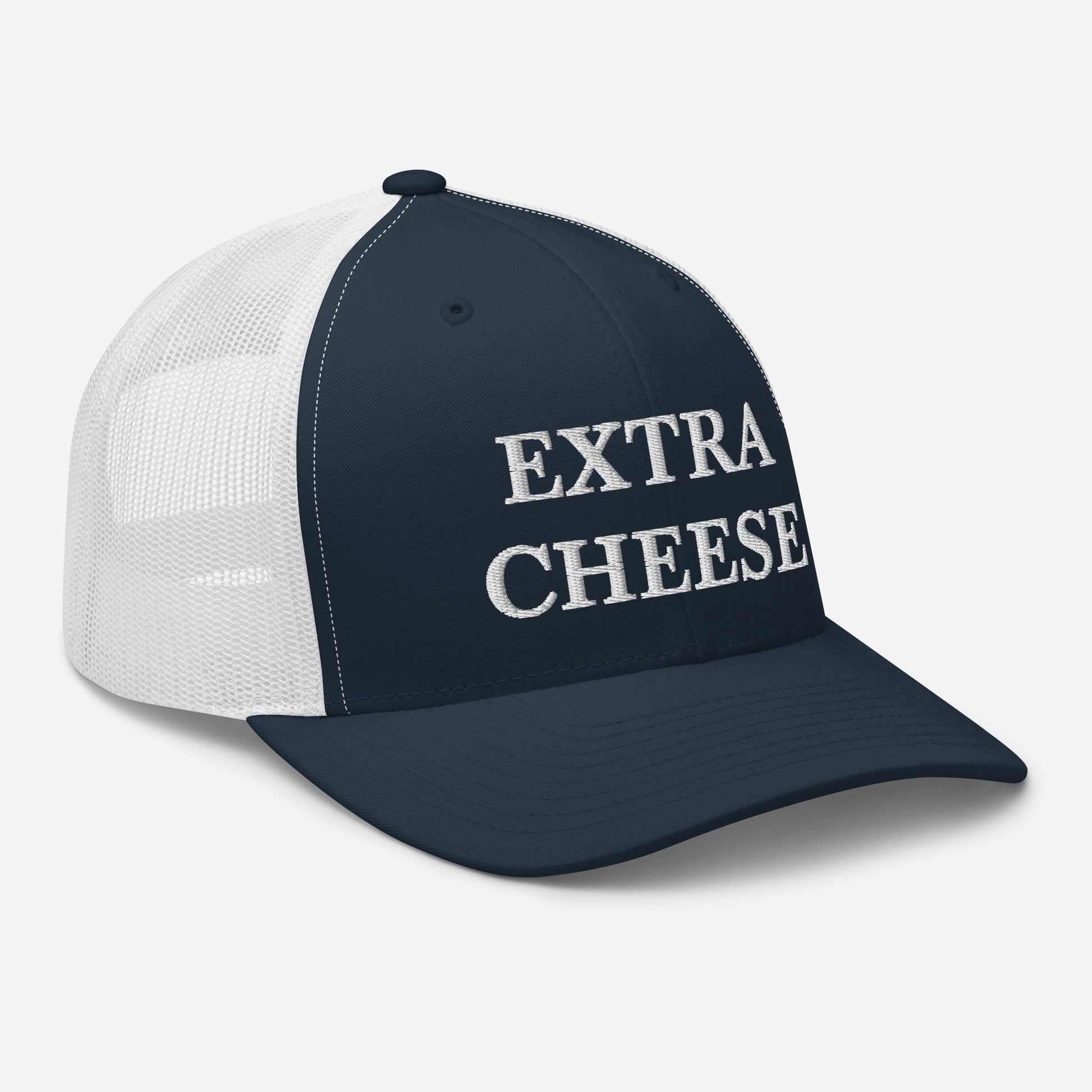 Navy and White Extra Cheese Trucker Hat from Nina's Funky Shop by ninanush - Cheese enthusiast? Looking for a funny foodie gift? This Extra Cheese Hat is comfortable, comes in a variety of colors and has a convenient adjustable closure. This fun foodie hat is expertly embroidered and the perfect funny trucker hat for cheese lovers. Eat your favorite food in our foodie hats and foodie apparel.