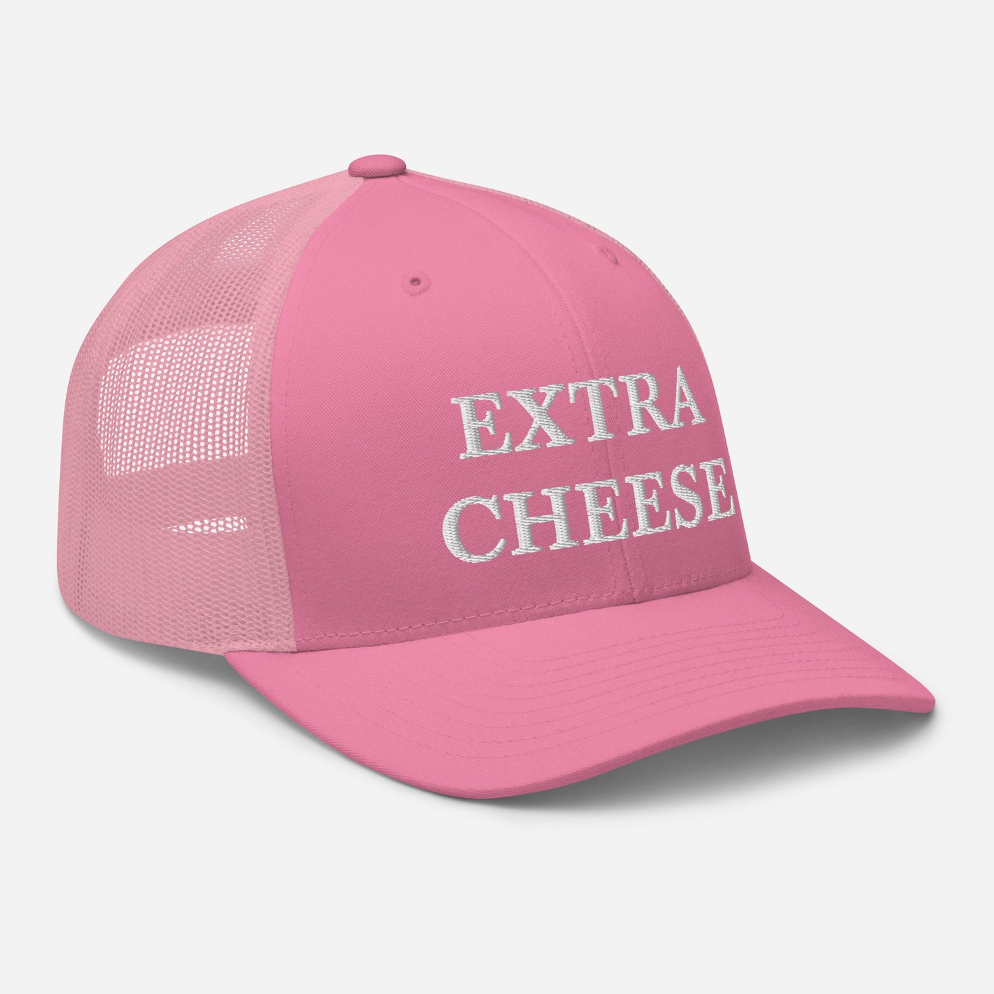 Pink Extra Cheese Trucker Hat from Nina's Funky Shop by ninanush - Cheese enthusiast? Looking for a funny foodie gift? This Extra Cheese Hat is comfortable, comes in a variety of colors and has a convenient adjustable closure. This fun foodie hat is expertly embroidered and the perfect funny trucker hat for cheese lovers. Eat your favorite food in our foodie hats and foodie apparel.