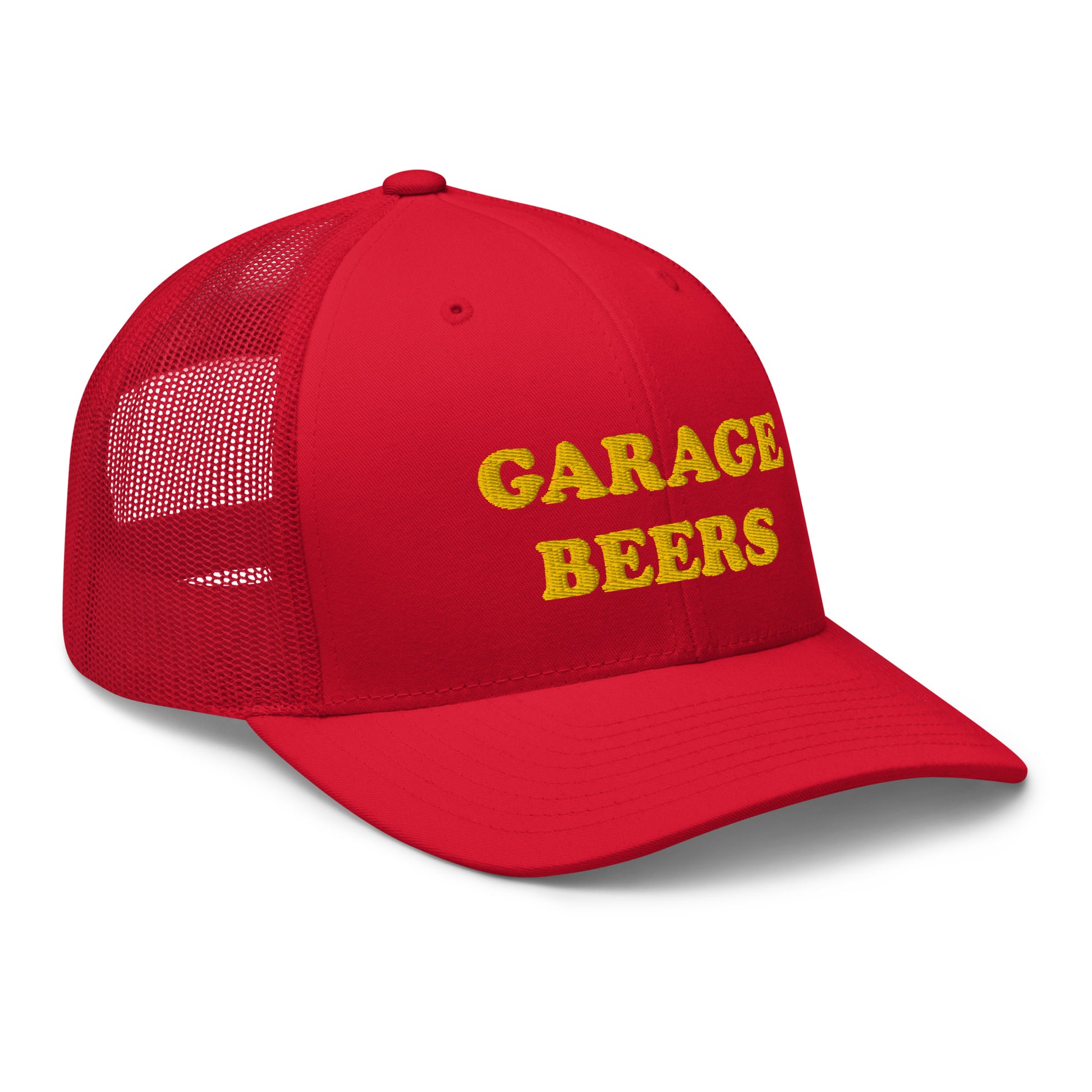 Red Garage Beers Trucker Hat from Nina's Funky Shop - Love Beer? Looking for a funny gift for a friend? This Garage Beers Trucker Hat is comfortable, has a convenient adjustable closure and comes in a variety of colors with "garage beers", expertly embroidered on the front. It's a funny trucker hat for everyday beer lovers.