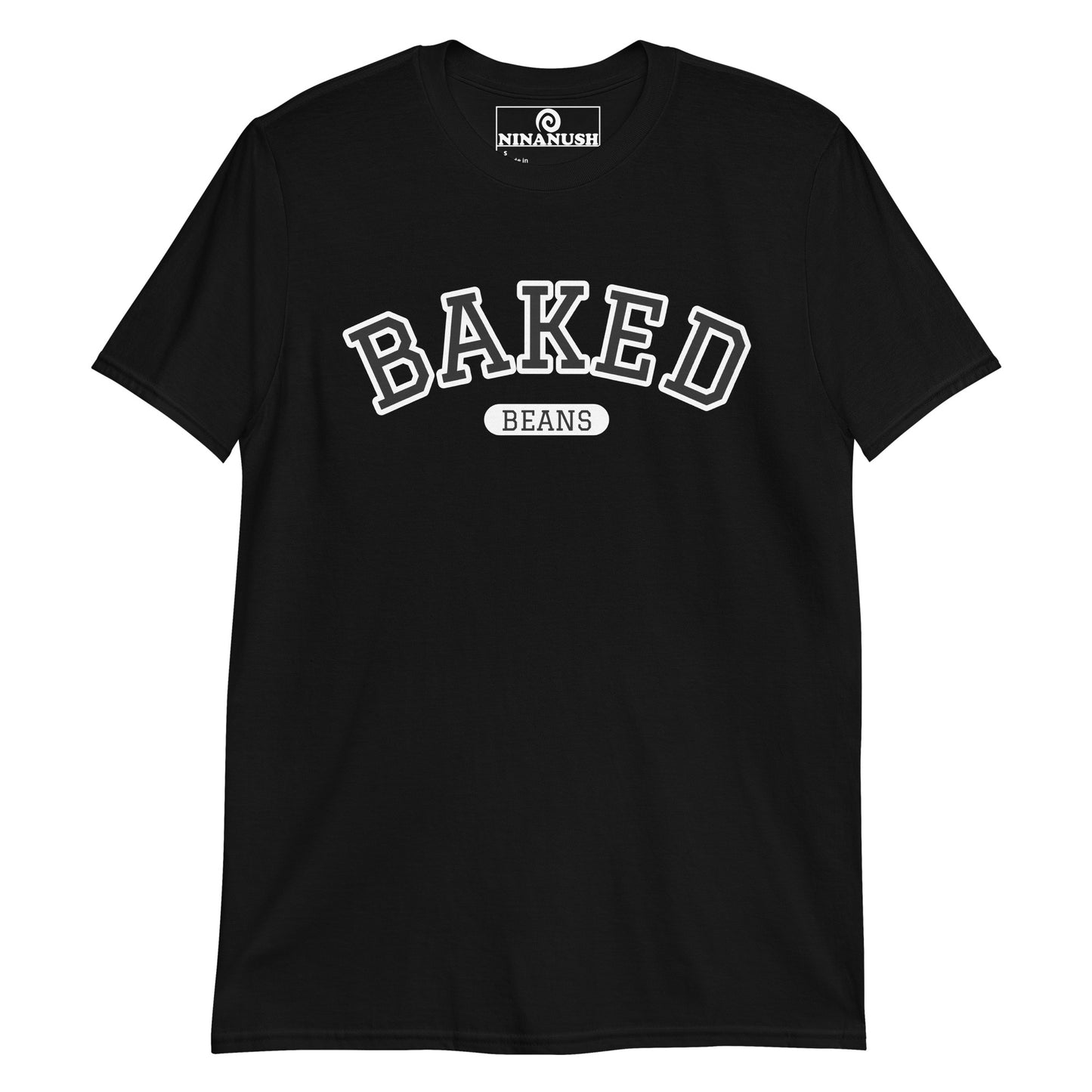 Black college style t-shirt with Baked Beans on the front from Nina's Funky Shop by ninanush -  Do you love baked beans? Looking for a fun gift for a foodie? Our Baked Beans T-shirt might be just what you need! This baked beans shirt is soft, comfortable and designed by Nina, just for you. Wear this funny foodie shirt and show off your love of baked beans. It's a statement tee that's sure to turn head.