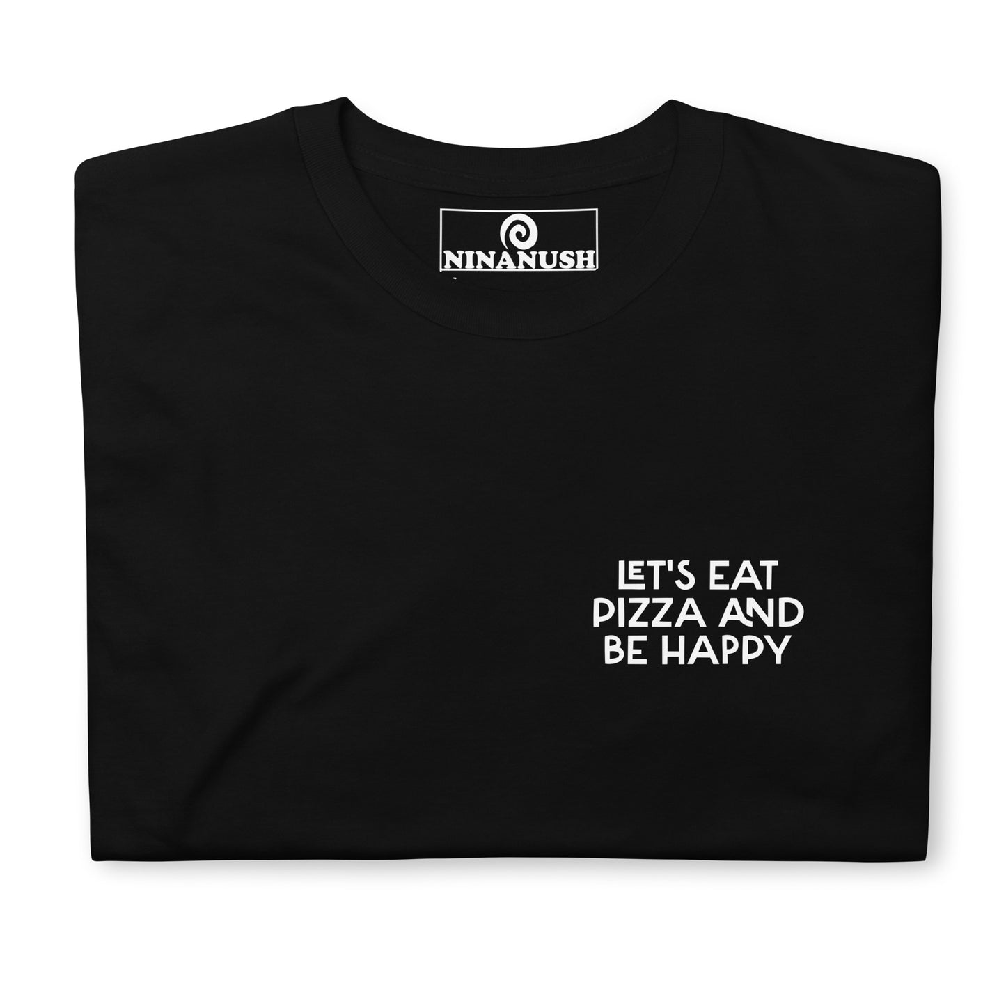 Black  let's eat pizza and be happy saying t-shirt from Nina's Funky Shop by ninanush - This funky foodie t-shirt is the perfect shirt for pizza lovers. It's a classic cotton shirt that's soft and comfortable with the words "Let's eat pizza and be happy" expertly printed on the front. Add a little personality to your style in this pizza enthusiast tee shirt, or give it as a gift for a quirky tee aficionado.