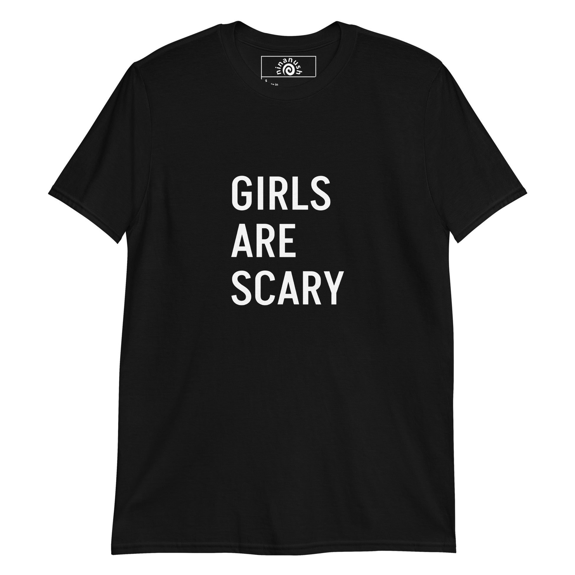 Black girls are scary t-shirt from Nina's Funky Shop by ninanush - Girls can be scary... if you agree, this Girls are Scary shirt was designed just for you! This Girls Are Scary graphic tee is made of classic cotton with the words "Girls Are Scary", expertly printed on the front. Stand out in this unique and sarcastic tee or give it as a funny gift for a friend. Designed by Nina.