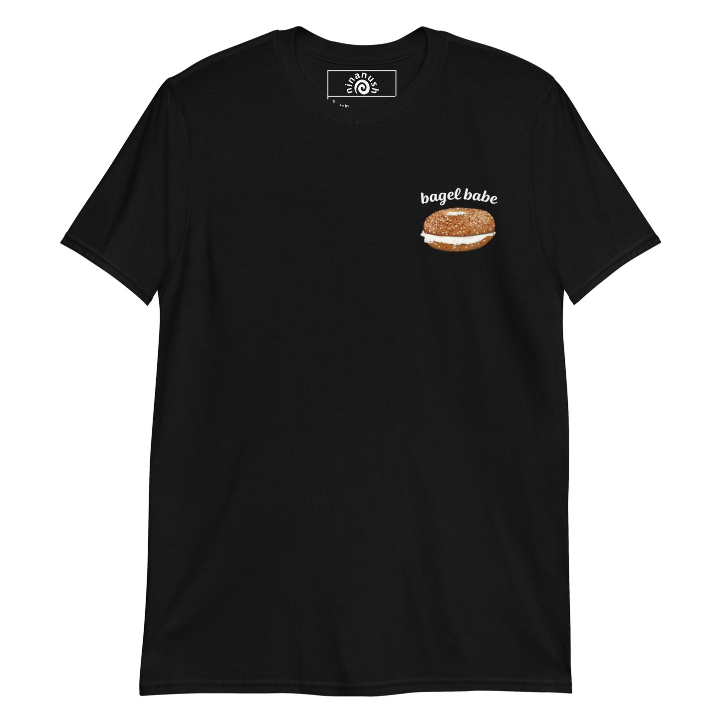 Black T-shirt with a bagel and bagel babe printed on the chest from Nina's Funky Shop by ninanush - Are you a bagel enthusiast? Looking for a fun gift for a bagel lover? Our bagel babe shirt is just what you need. It's a unisex, crew neck T-shirt with a an everything bagel and "bagel babe", expertly printed on the front. Eat your favorite bagel in this unique foodie t-shirt, it's designed by Nina and made just for you. 