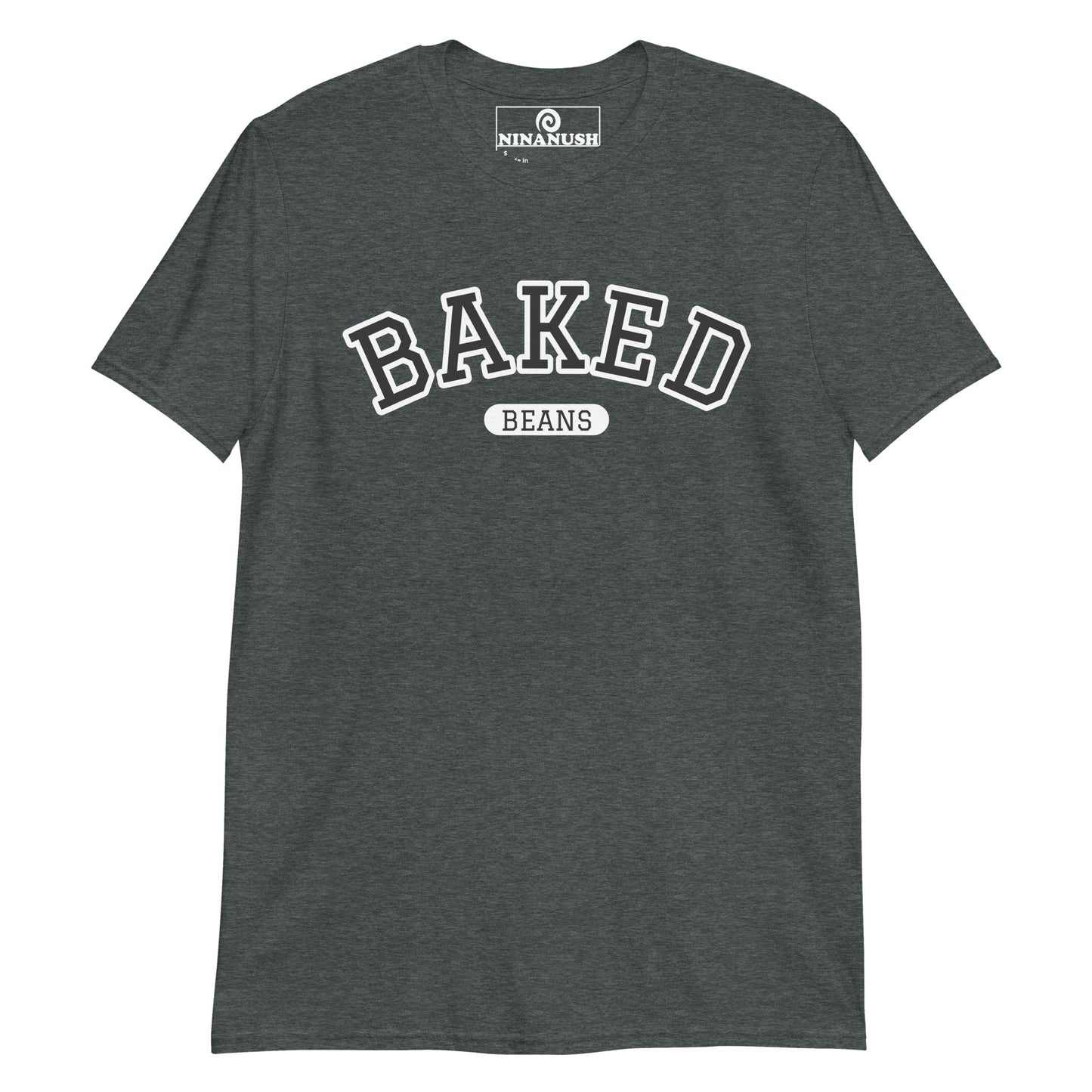 Dark Gray Varsity baked beans t-shirt from Nina's Funky Shop by ninanush - Do you love baked beans? Looking for a fun gift for a foodie? Our Baked Beans T-shirt might be just what you need! This baked beans shirt is soft, comfortable and designed by Nina, just for you. Wear this funny foodie shirt and show off your love of baked beans. It's a statement tee that's sure to turn head.