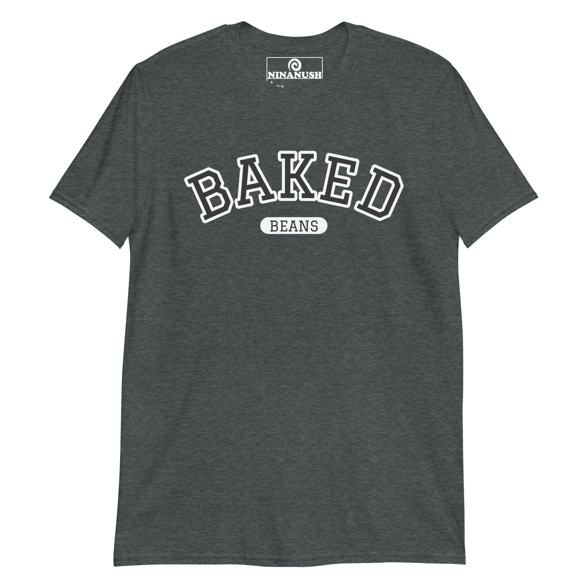 Dark Gray Varsity baked beans t-shirt from Nina's Funky Shop by ninanush - Do you love baked beans? Looking for a fun gift for a foodie? Our Baked Beans T-shirt might be just what you need! This baked beans shirt is soft, comfortable and designed by Nina, just for you. Wear this funny foodie shirt and show off your love of baked beans. It's a statement tee that's sure to turn head.