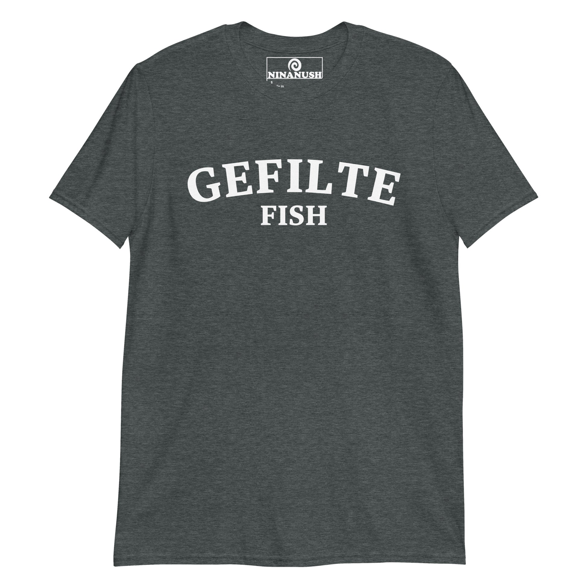Gray gefilte fish shirt - If you love classic Ashkenazi food like gefilte fish, make a statement in this gefilte fish t-shirt. It's a funny Jewish food shirt that is soft, comfortable and sure to turn heads. Show your love for traditional Eastern European Jewish food in this weird foodie t-shirt. A quirky everyday tee or funny gift for an Ashkenazi.