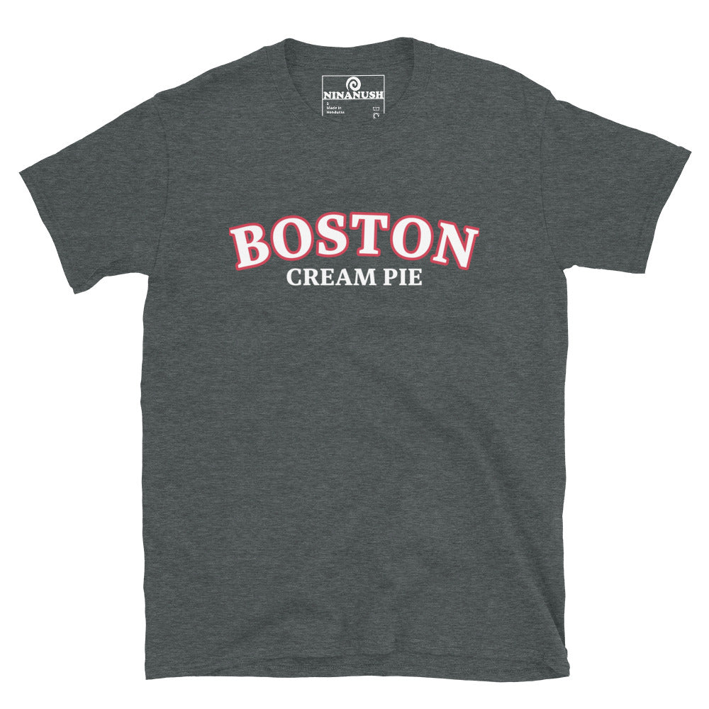 Gray Boston cream pie t-shirt - A classic cotton T-Shirt celebrating Boston Cream Pie. It's soft, comfortable and made just for you and your favorite Boston cream pie enthusiast. This weird food shirt is perfect for Boston cream pie lovers and a unique gift for New England Foodies of all kinds. Eat your favorite foods in our funny foodie apparel.