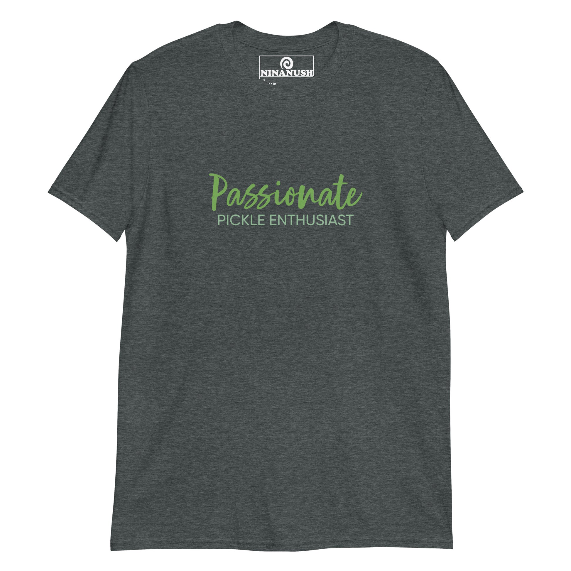 Dark gray pickle enthusiast t-shirt - A cotton T-Shirt for pickle lovers with the words "Passionate Pickle Enthusiast" printed in shades of pickle green. It's a soft, comfortable pickle lover shirt that's designed for foodies and made just for you. This unique foodie shirt makes a funny gift for pickle enthusiasts and unusual graphic tee for foodies.