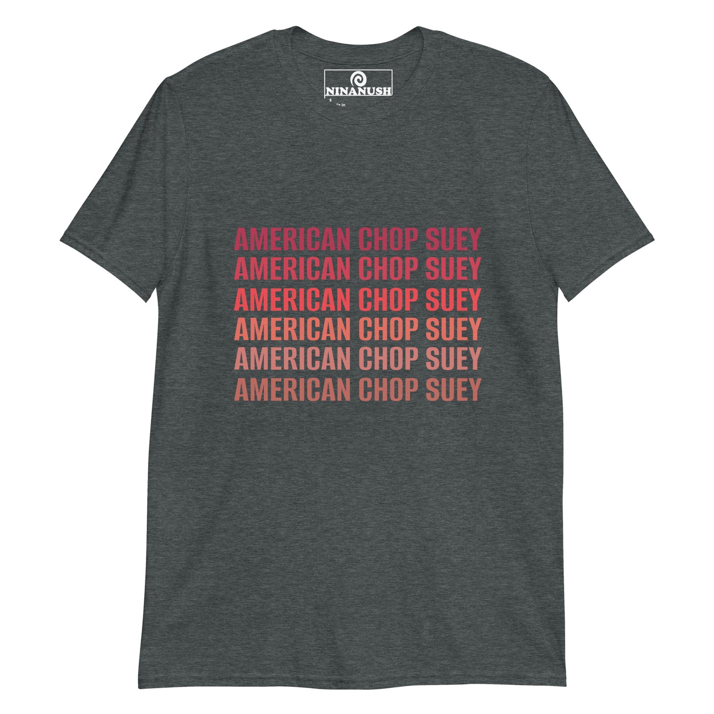 Dark gray American Chop Suey t-shirt - Show your love for New England food in this American chop seuy t-shirt. It's a cotton t-shirt with "American chop suey" on the front. If you love New England Food, this weird foodie t-shirt is just what you need. Make a statement in this funny New England tee or give it as a gift to an American Chop Suey enthusiast.
