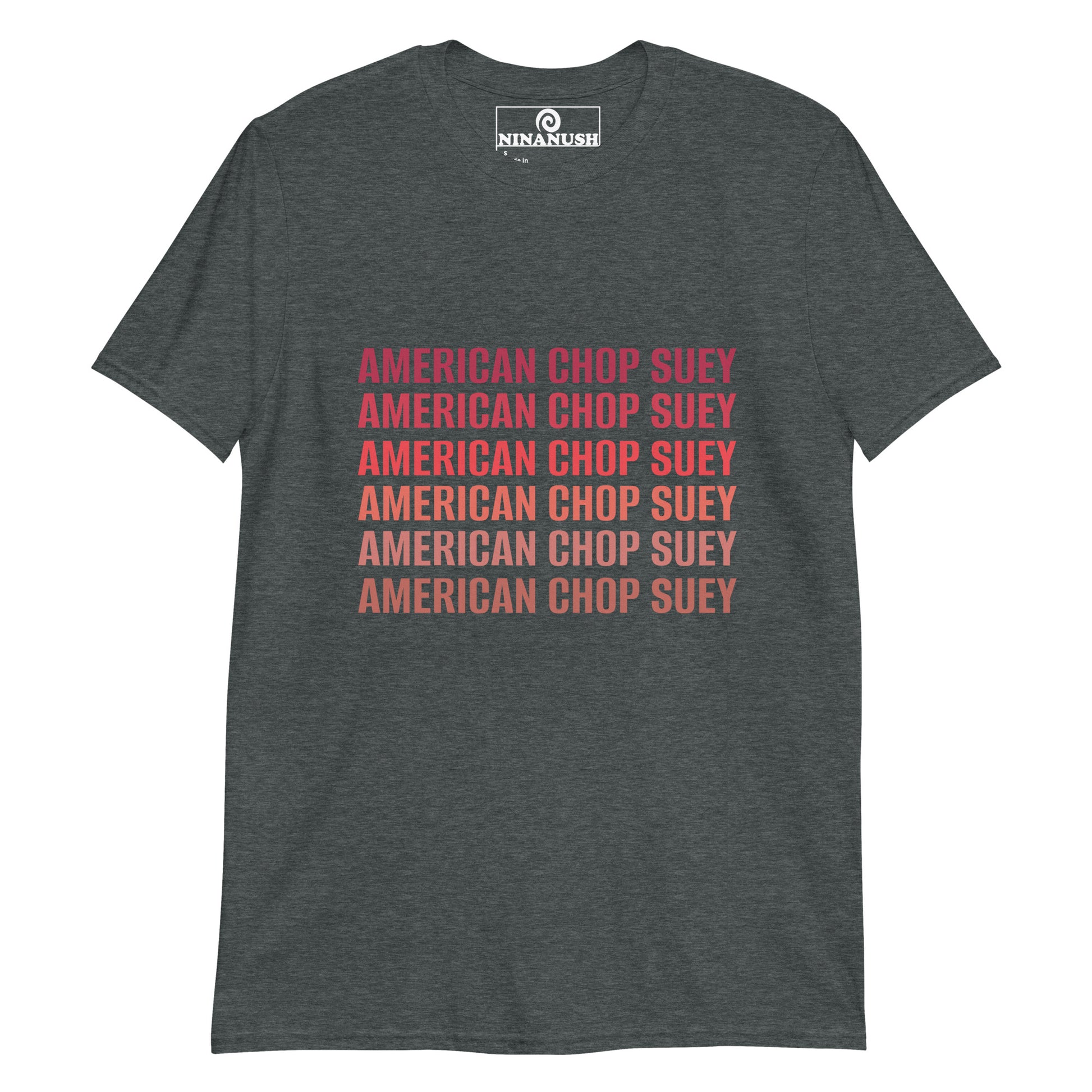 Dark gray American Chop Suey t-shirt - Show your love for New England food in this American chop seuy t-shirt. It's a cotton t-shirt with "American chop suey" on the front. If you love New England Food, this weird foodie t-shirt is just what you need. Make a statement in this funny New England tee or give it as a gift to an American Chop Suey enthusiast.