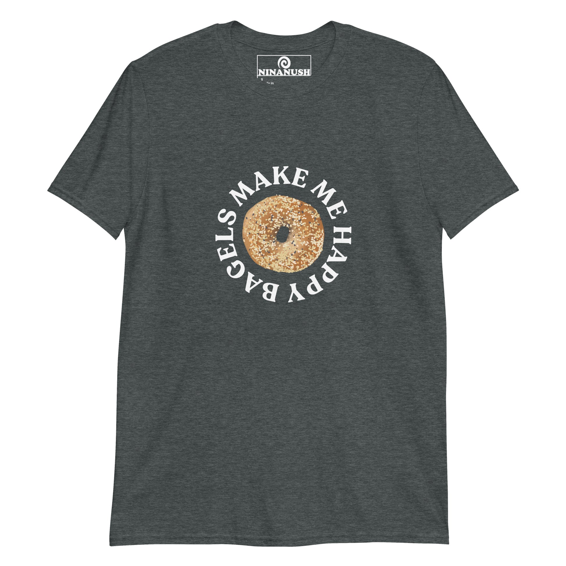Gray bagel lover t-shirt from Nina's Funky Shop by ninanush - This everything bagel t-shirt for bagel lovers is a soft and comfortable cotton t-shirt with a bagel and the words "Bagels make me happy". A unique foodie t-shirt for passionate bagel aficionados. Wear this statement bagel lover t-shirt on everyday outings or give it as a funny gift for a bagel enthusiast like you.
