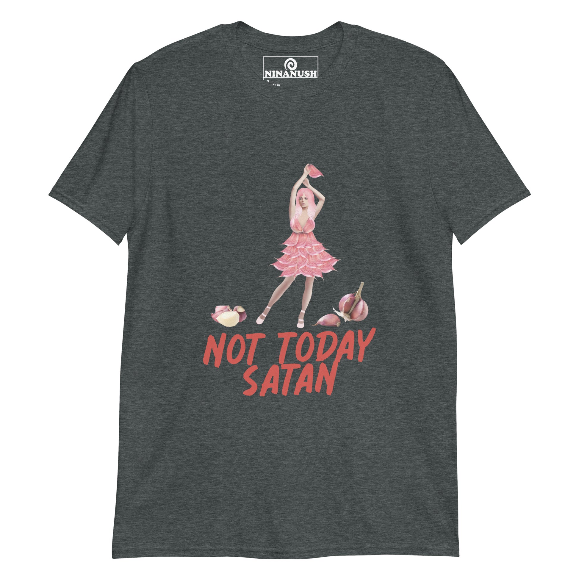 Gray not today satan t-shirt for garlic lovers from Nina's Funky Shop by ninanush - Not today Satan! This unique foodie shirt is designed for garlic enthusiasts and made just for you. It's a classic cotton tee with a funky girl in a garlic dress and the words "not today Satan." It's soft and comfortable with an eye-catching design for passionate garlic aficionados.