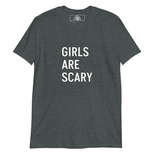 Dark gray girls are scary t-shirt from Nina's Funky Shop by ninanush - Girls can be scary... if you agree, this Girls are Scary shirt was designed just for you! This Girls Are Scary graphic tee is made of classic cotton with the words "Girls Are Scary", expertly printed on the front. Stand out in this unique and sarcastic tee or give it as a funny gift for a friend. Designed by Nina.