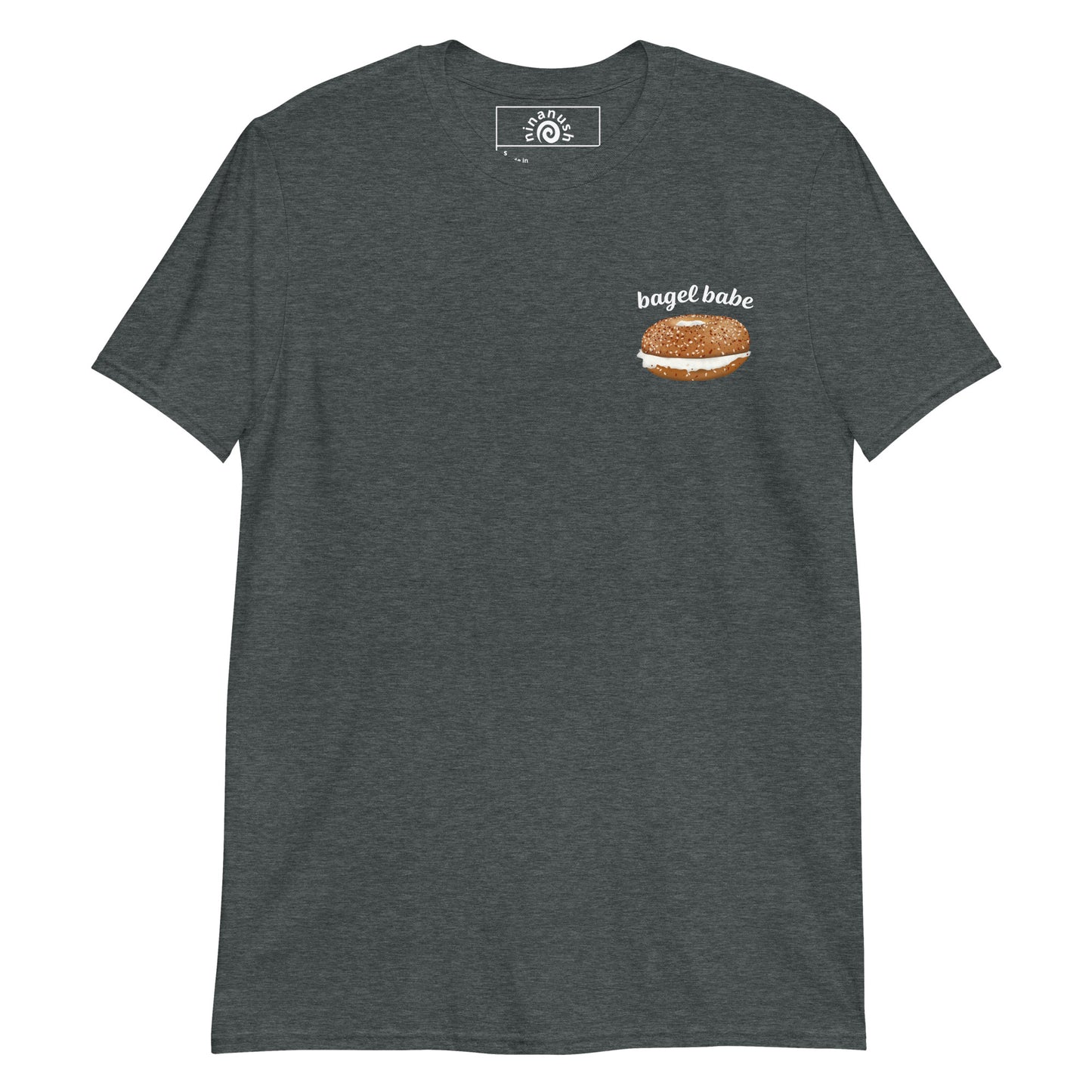 Dark gray everything bagel, bagel babe t-shirt from Nina's Funky Shop by ninanush - Are you a bagel enthusiast? Looking for a fun gift for a bagel lover? Our bagel babe shirt is just what you need. It's a unisex, crew neck T-shirt with a an everything bagel and "bagel babe", expertly printed on the front. Eat your favorite bagel in this unique foodie t-shirt, it's designed by Nina and made just for you.