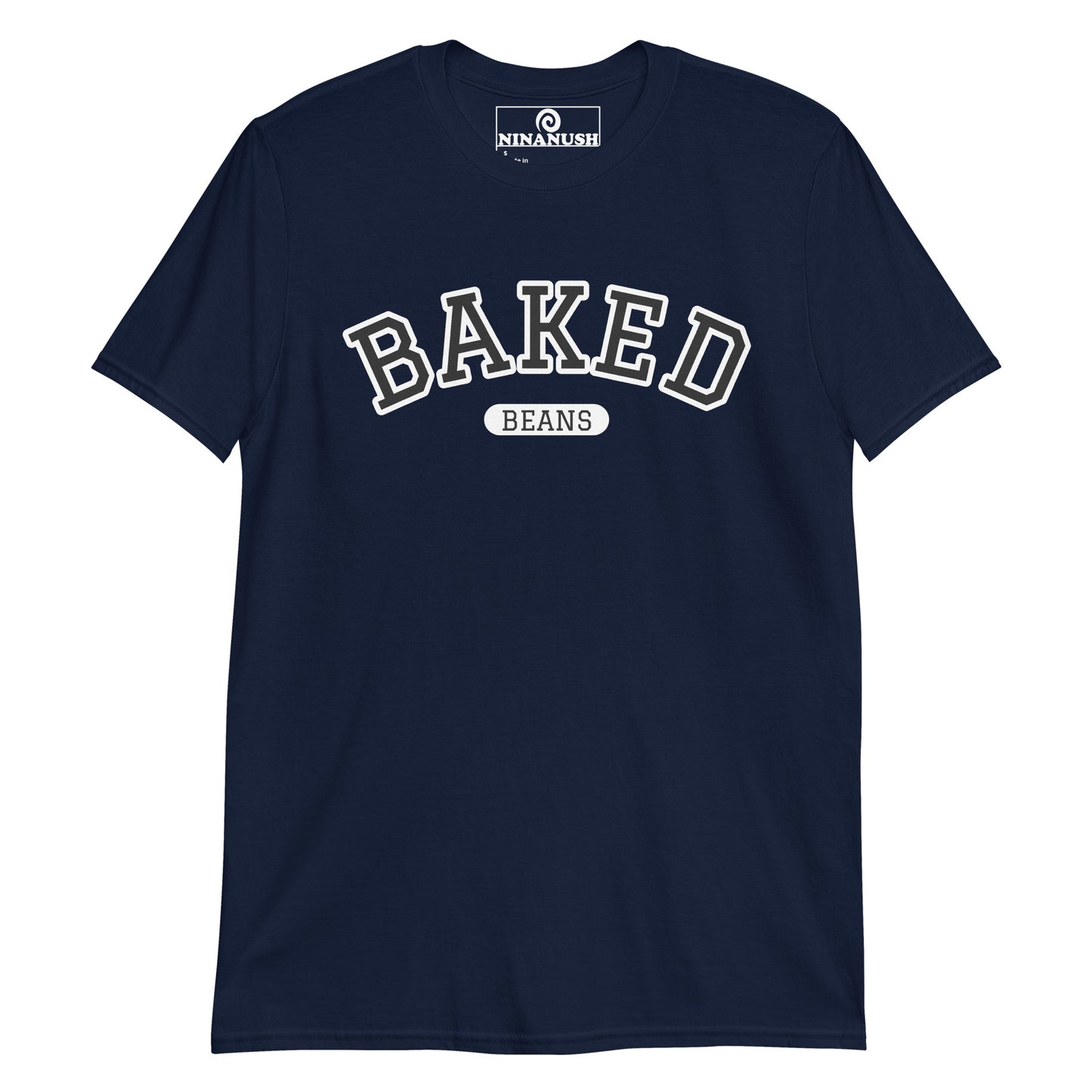 Navy Baked Beans college style t-shirt from Nina's Funky Shop by ninanush - Do you love baked beans? Looking for a fun gift for a foodie? Our Baked Beans T-shirt might be just what you need! This baked beans shirt is soft, comfortable and designed by Nina, just for you. Wear this funny foodie shirt and show off your love of baked beans. It's a statement tee that's sure to turn head.
