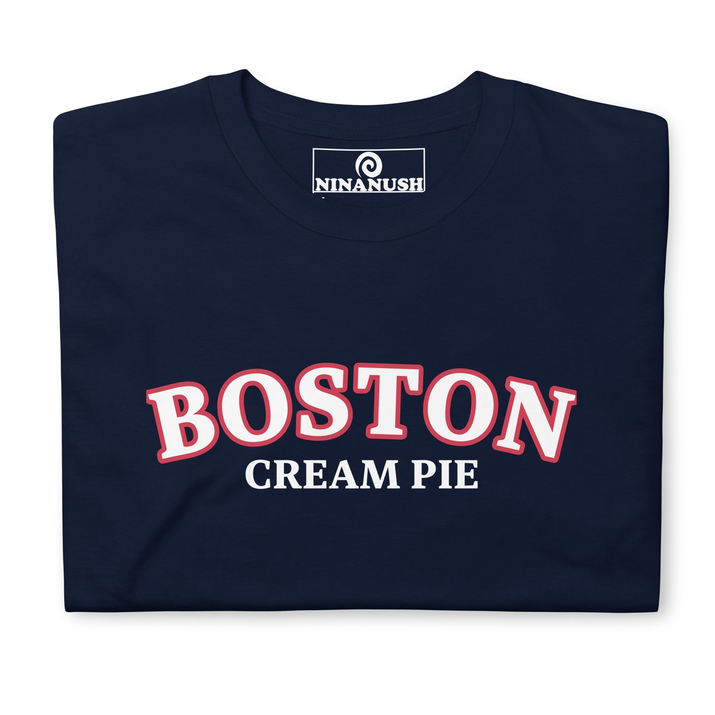 Navy Boston t-shirt for New England foodies - A classic cotton T-Shirt celebrating Boston Cream Pie. It's soft, comfortable and made just for you and your favorite Boston cream pie enthusiast. This weird food shirt is perfect for Boston cream pie lovers and a unique gift for New England Foodies of all kinds. Eat your favorite foods in our funny foodie apparel.
