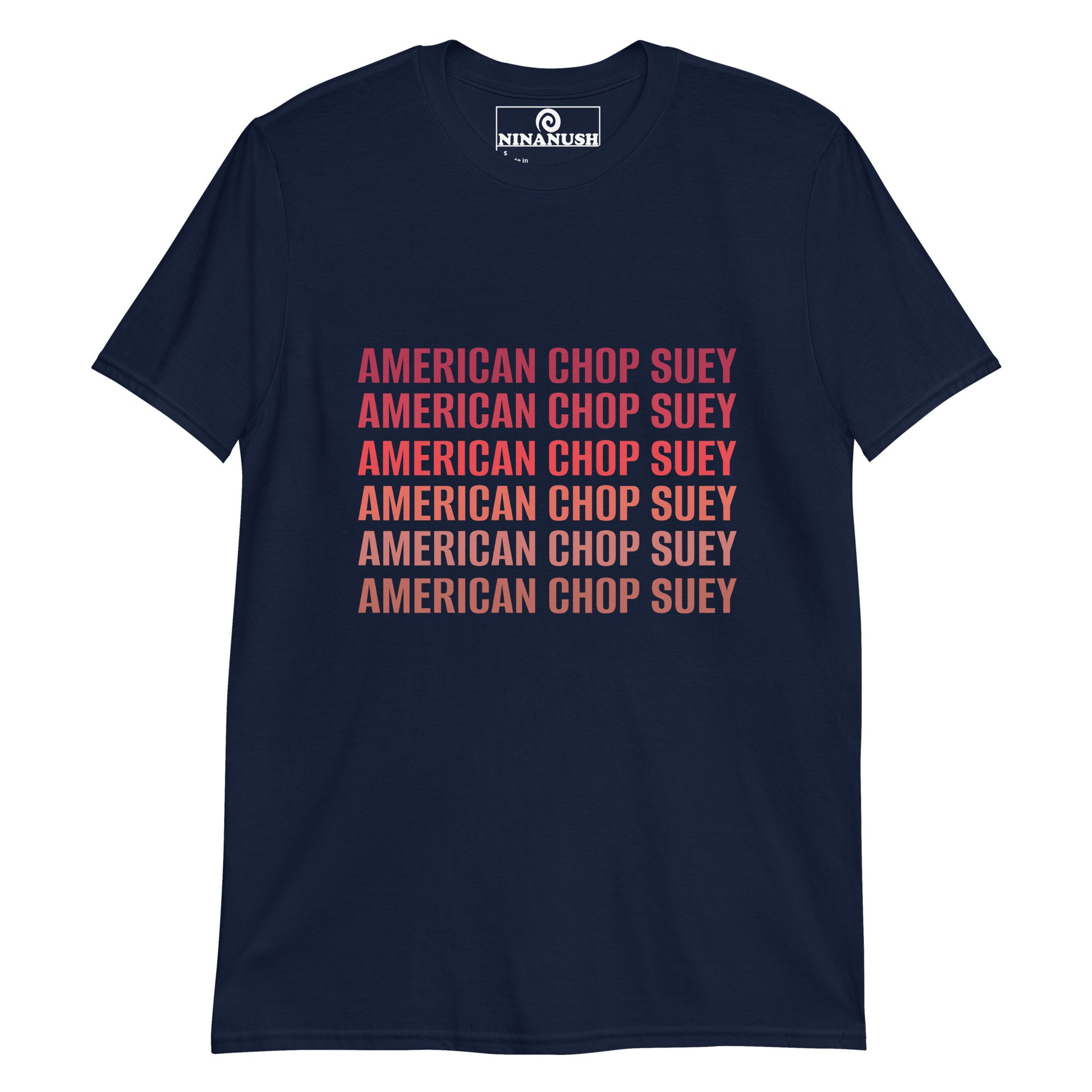 Navy American Chop Suey t-shirt - Show your love for New England food in this American chop seuy t-shirt. It's a cotton t-shirt with "American chop suey" on the front. If you love New England Food, this weird foodie t-shirt is just what you need. Make a statement in this funny New England tee or give it as a gift to an American Chop Suey enthusiast.