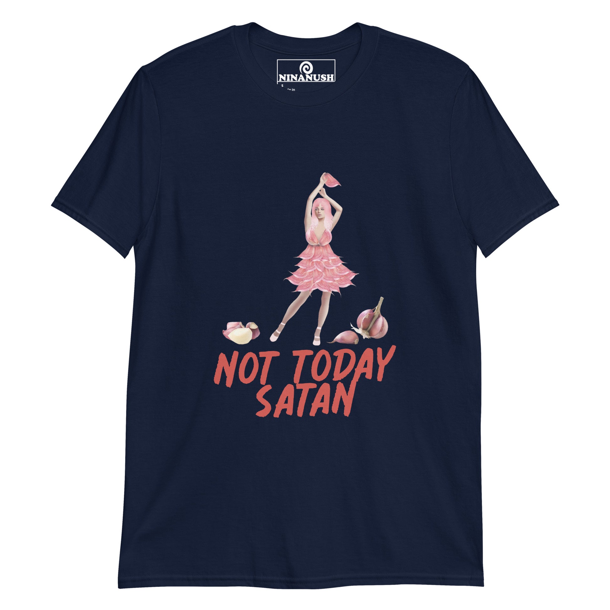Navy not today satan t-shirt for garlic lovers from Nina's Funky Shop by ninanush - Not today Satan! This unique foodie shirt is designed for garlic enthusiasts and made just for you. It's a classic cotton tee with a funky girl in a garlic dress and the words "not today Satan." It's soft and comfortable with an eye-catching design for passionate garlic aficionados.