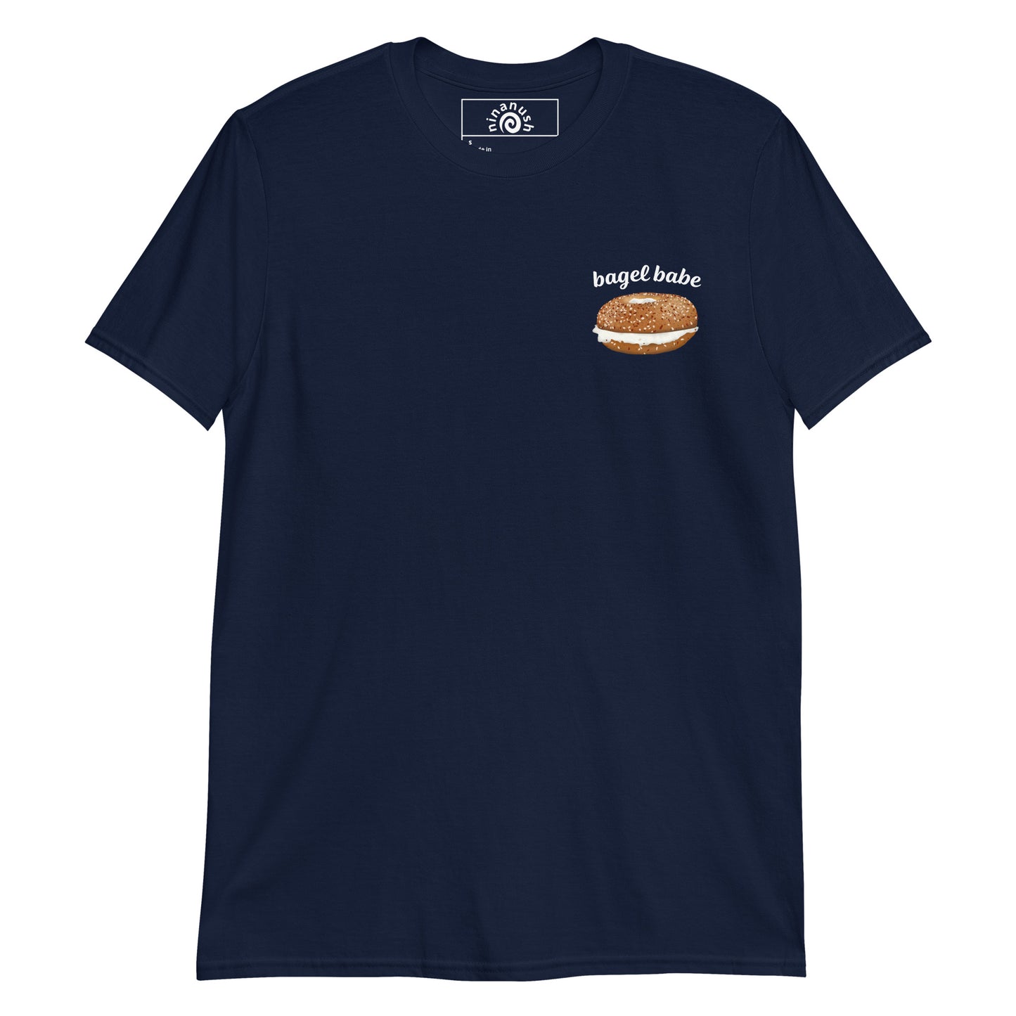 Navy t-shirt with a bagel and "bagel babe" on the front left chest from Nina's Funky Shop by ninanush - Are you a bagel enthusiast? Looking for a fun gift for a bagel lover? Our bagel babe shirt is just what you need. It's a unisex, crew neck T-shirt with a an everything bagel and "bagel babe", expertly printed on the front. Eat your favorite bagel in this unique foodie t-shirt, it's designed by Nina and made just for you.