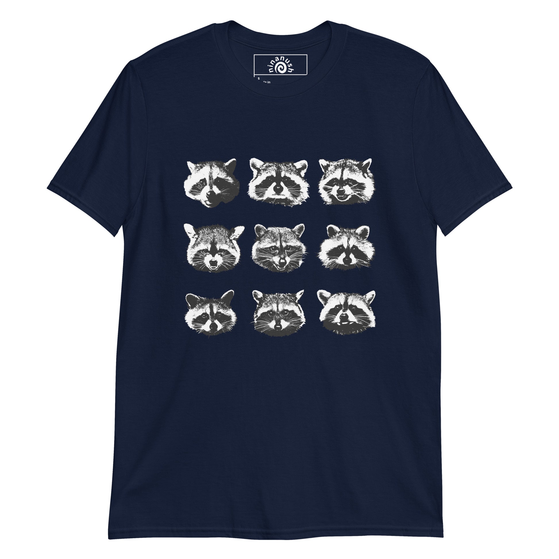 Navy raccoon t-shirt from Nina's Funky Shop by ninanush - Do you love cute raccoons? Looking for a fun gift for raccoon lovers? This raccoon faces T-Shirt is just what you need. It's a soft and comfortable cotton shirt with nine unique and funny raccoon faces, expertly printed on the front. Stay weird in this funny raccoon t-shirt design. Perfect for raccoon enthusiasts of all kinds.