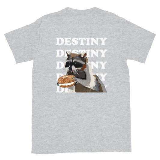 Light gray funny everything bagel shirt - This funny bagel and raccoon lover t-shirt has a little bagel on the front and a raccoon eating a bagel on the back with the words "destiny." The hand drawn design is totally unique and printed on a classic comfortable t-shirt. Eat bagels in style or give it as a funny gift for raccoon lovers and bagel enthusiasts.