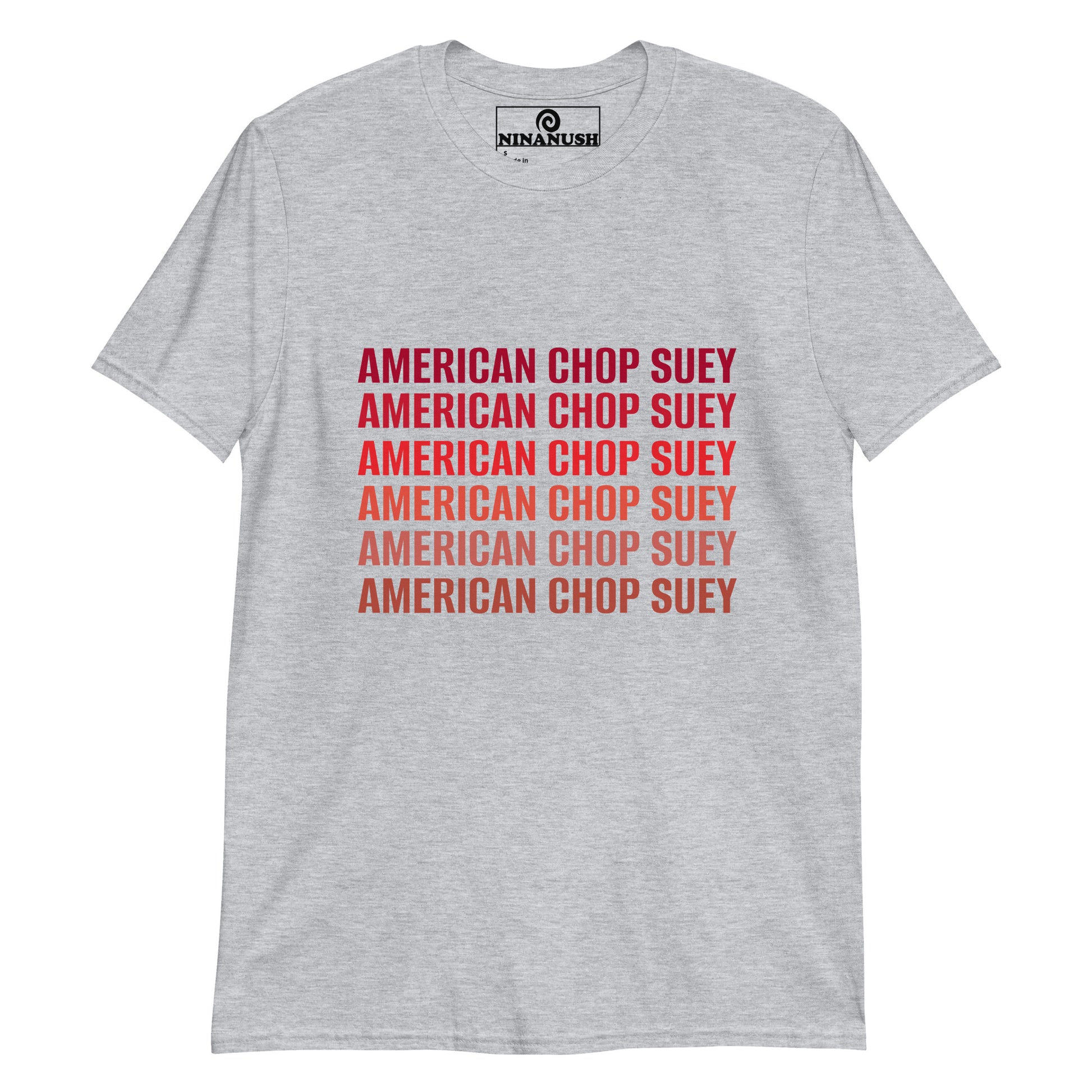 Gray American Chop Suey t-shirt - Show your love for New England food in this American chop seuy t-shirt. It's a cotton t-shirt with "American chop suey" on the front. If you love New England Food, this weird foodie t-shirt is just what you need. Make a statement in this funny New England tee or give it as a gift to an American Chop Suey enthusiast.