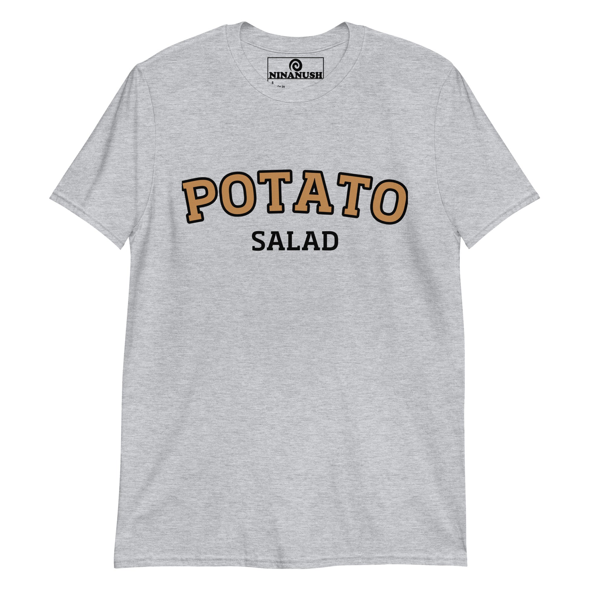 Gray potato salad t-shirt from Nina's Funky Shop by ninanush - The "Potato Salad T-Shirt." A funny food shirt that's specifically designed for potato salad lovers and foodies of all kinds. Now you can eat your favorite potato salad in style with this unique foodie graphic tee. This cotton shirt is soft and comfortable with an eye catching brown and white design. The perfect gift for a potato salad enthusiast or a quirky tee for all.