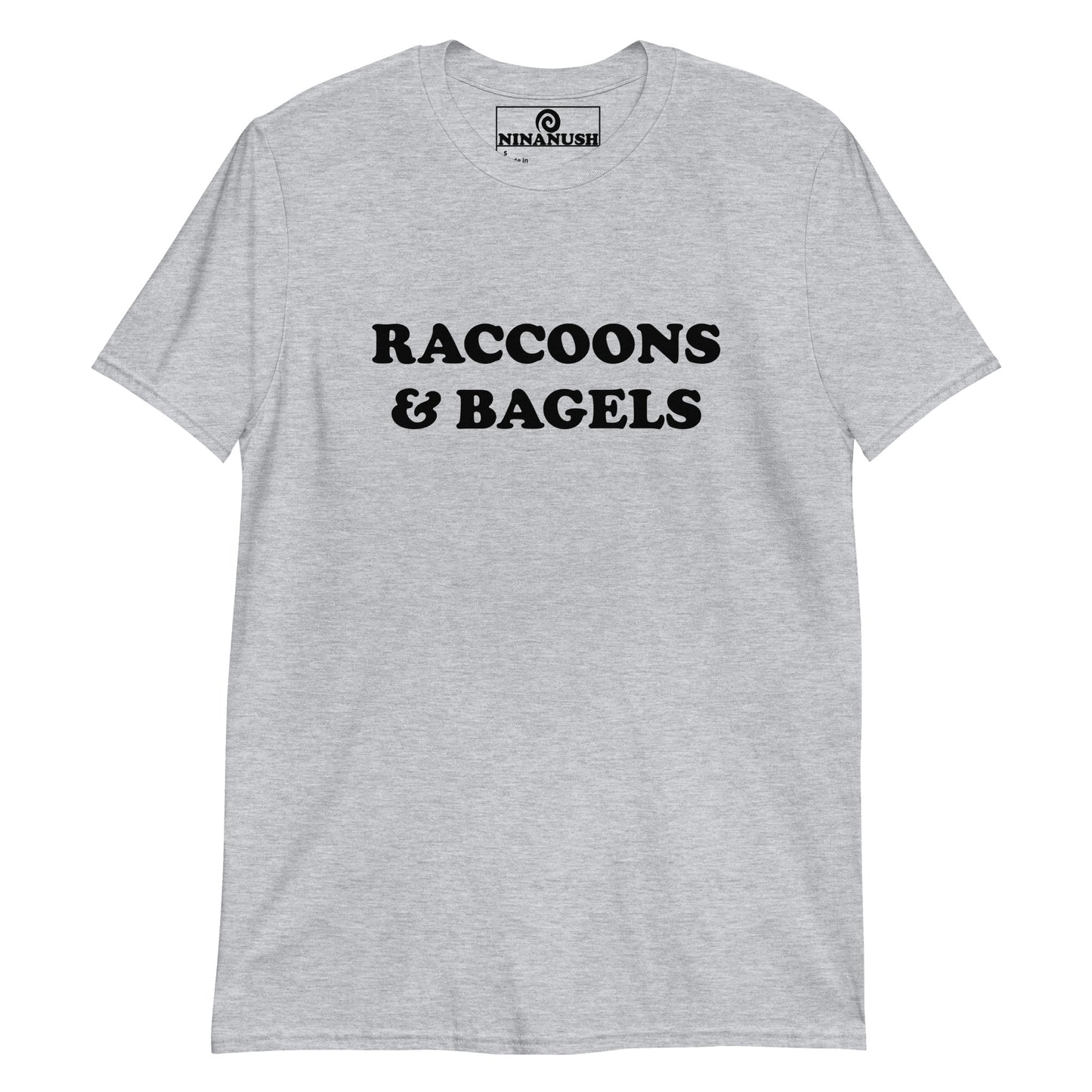 Gray raccoons and bagels t-shirt from Nina's Funky Shop by ninanush - The raccoons and bagels t-shirt! This classic cotton tee was designed for raccoon and bagel lovers and foodies of all kinds. Share your passion for raccoons and bagels with the world or give this quirky t-shirt to your favorite raccoon lover. It's soft, comfortable and made just for you.