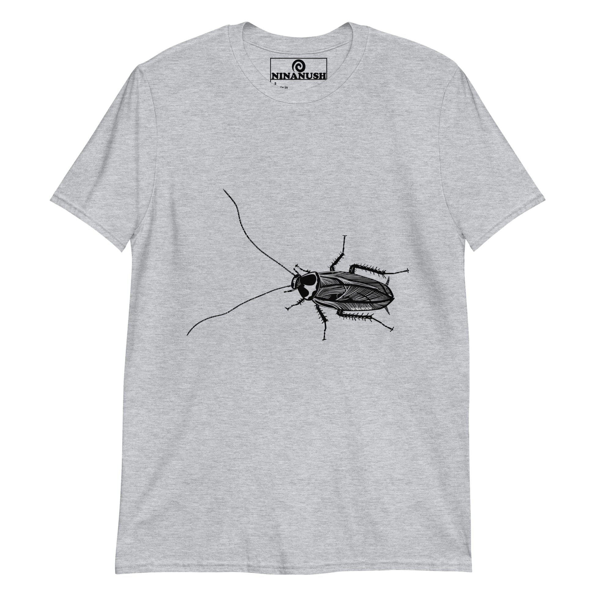 Gray cockroach t-shirt from Nina's Funky Shop by ninanush - This cockroach T-shirt is soft and comfortable with a hand drawn design by Nina, expertly printed on the front. Add a little personality to your everyday style in this unique bug shirt or give it as a gift for a cockroach enthusiast. Celebrate your individuality with our original, hand-drawn graphics, designed by Nina.