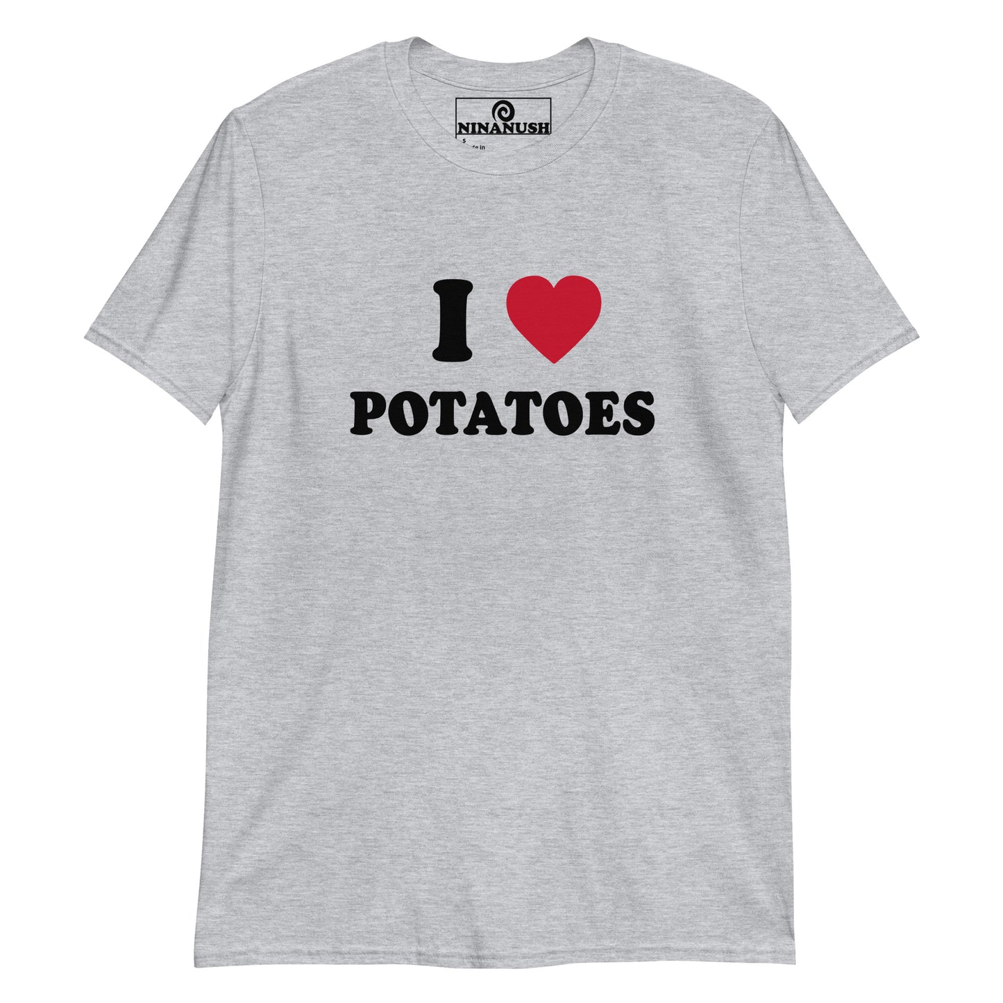 Gray I Heart Potatoes T-shirt from Nina's Funky Shop - Do you love potatoes? Looking for a gift for a potato lover? Our I Heart Potatoes T-shirt is just what you need. It's a soft and comfortable cotton shirt with a classic I Heart Potatoes design, expertly printed on the front. The perfect funny t-shirt for potato lovers and food enthusiasts of all kinds. Designed by Nina.