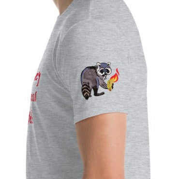 Gray I hope they serve taco in Hell t-shirt from Nina's Funky Shop by ninanush - A funny taco shirt for foodies and raccoon lovers. This stand-out tee is unique and made just for you. It's a soft cotton shirt with an original design of a raccoon holding a taco on the left sleeve and "I hope they serve tacos in hell" on the front. Eat your favorite tacos in this taco enthusiast tee.