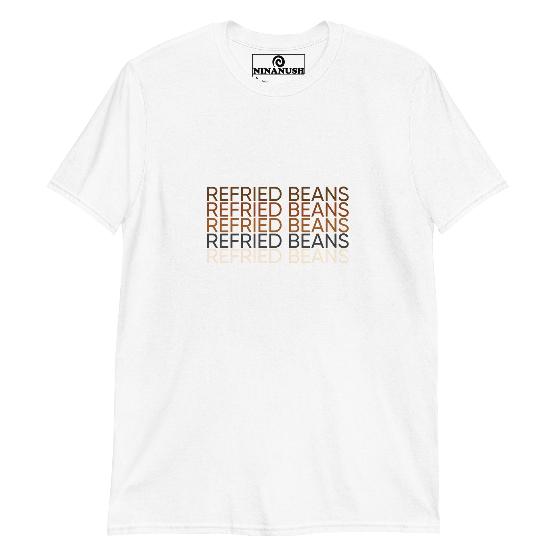 White refried beans t-shirt - Eat your favorite refried beans in style with this statement t-shirt for bean enthusiasts and foodies of all kinds. It's a classic cotton t-shirt with the words "refried beans" printed on the front in shades of brown. If you're a passionate refried bean aficionado, this funny foodie shirt is just what you need.